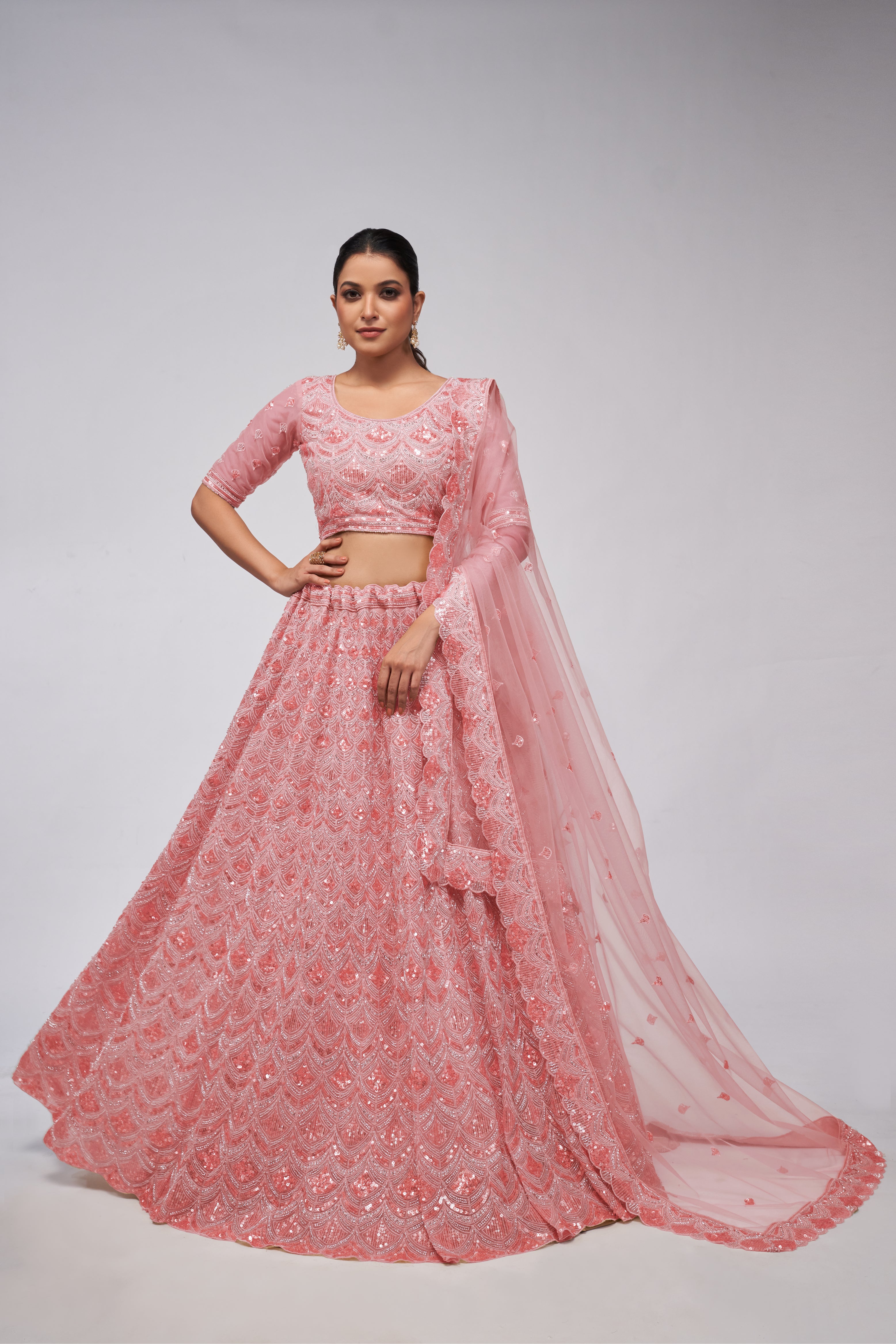 Women Rose Pink Diamond Pattern Embroidered Girlish Lehenga