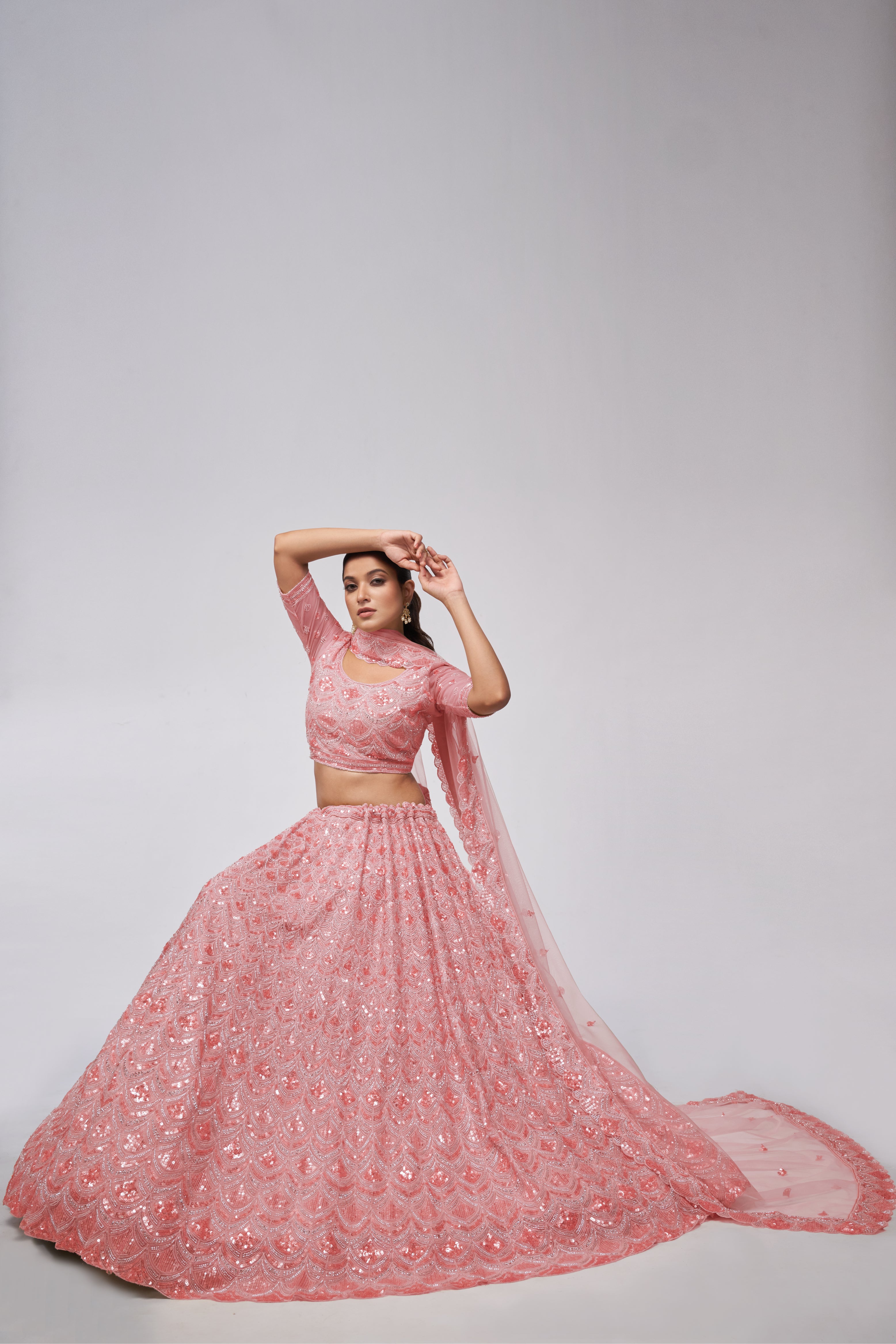 Women Rose Pink Diamond Pattern Embroidered Girlish Lehenga