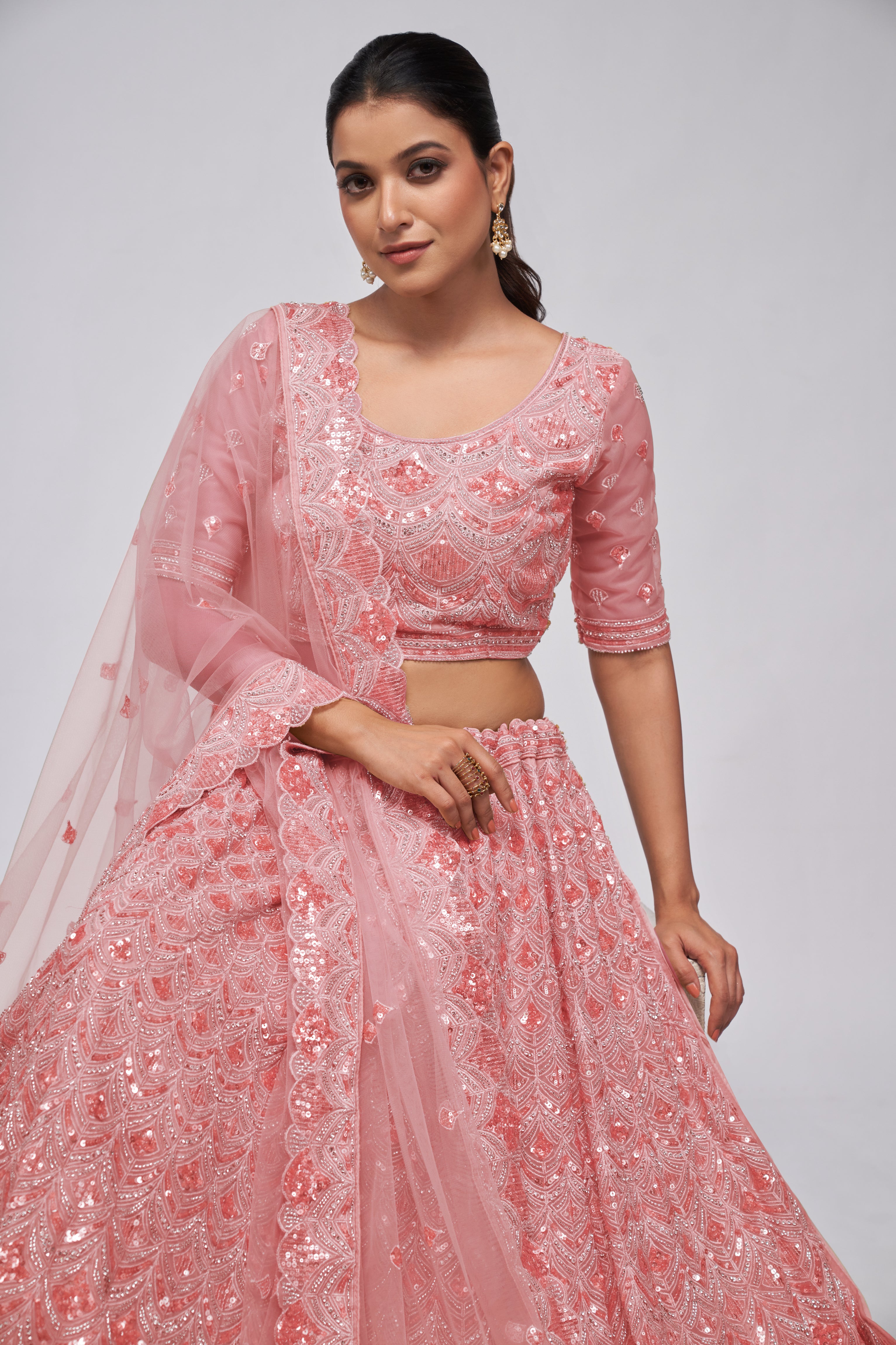 Women Rose Pink Diamond Pattern Embroidered Girlish Lehenga