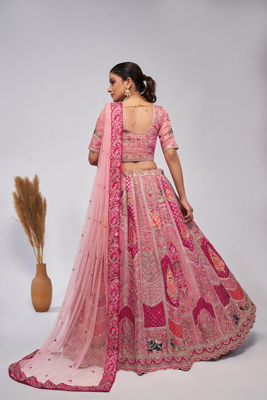 Women Pretty Pink Silk Intricate Paisley Motifs Traditional Embroidered  Wedding Lehenga.