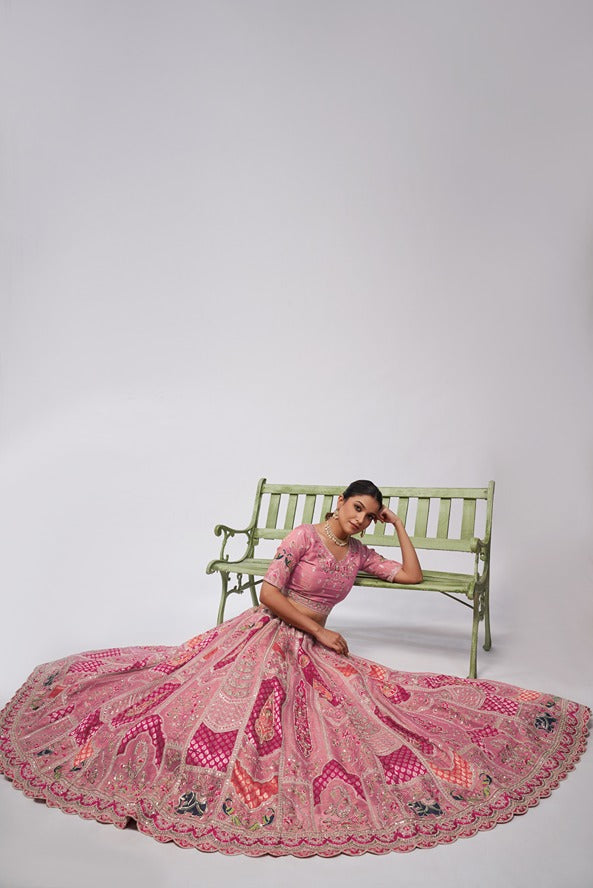 Women Pretty Pink Silk Intricate Paisley Motifs Traditional Embroidered  Wedding Lehenga.