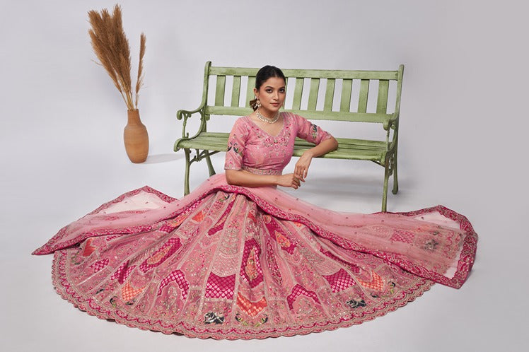 Women Pretty Pink Silk Intricate Paisley Motifs Traditional Embroidered  Wedding Lehenga.