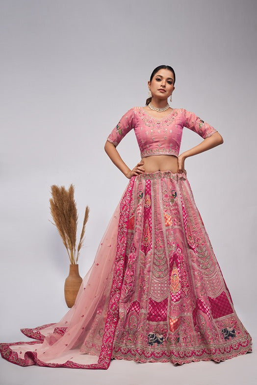 Women Pretty Pink Silk Intricate Paisley Motifs Traditional Embroidered  Wedding Lehenga.