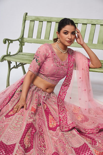 Women Pretty Pink Silk Intricate Paisley Motifs Traditional Embroidered  Wedding Lehenga.