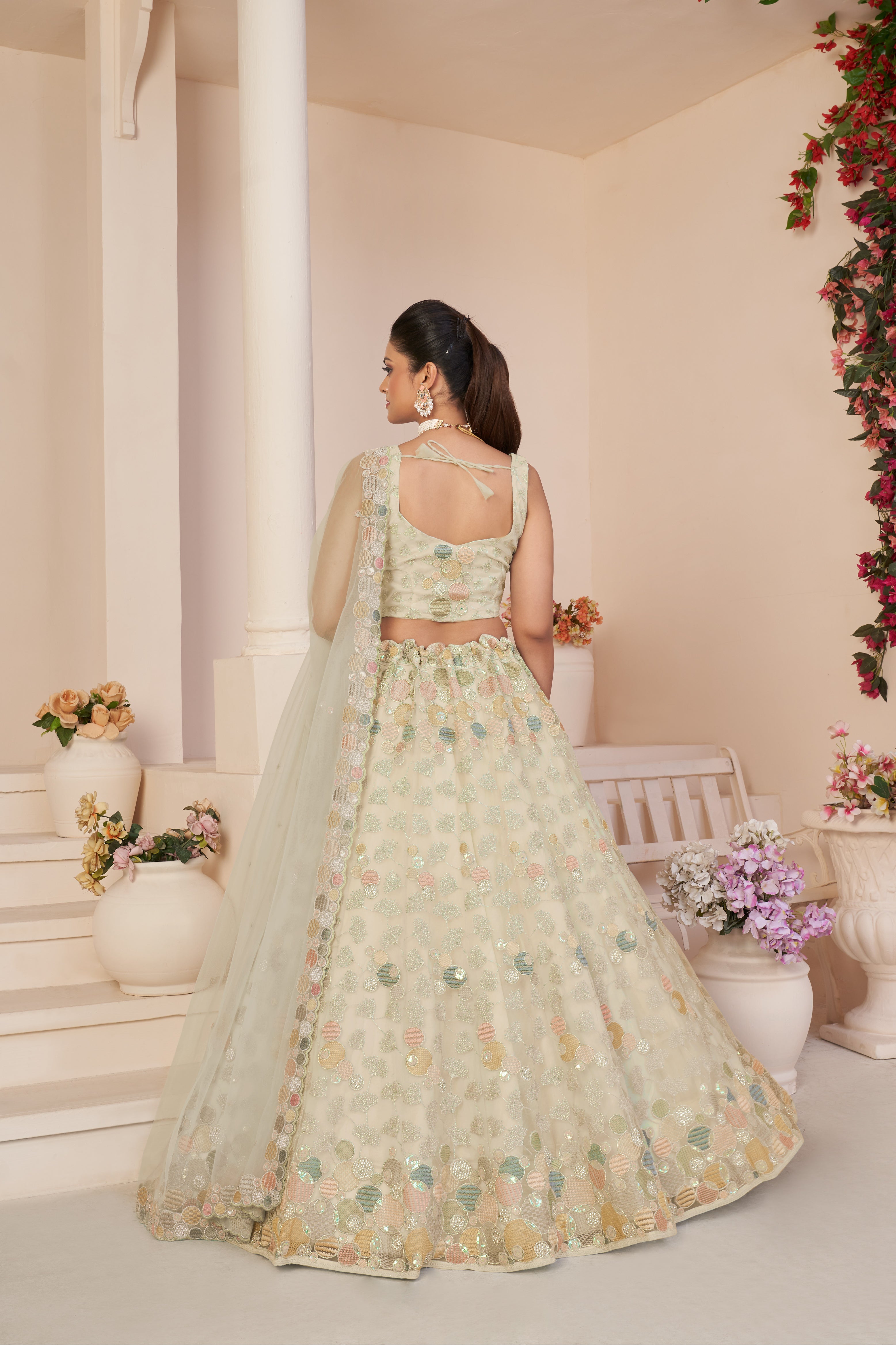 Women Ivory Orgenza Silk Intricate Paisley Motifs Traditional  Embroidered  Wedding Lehenga.