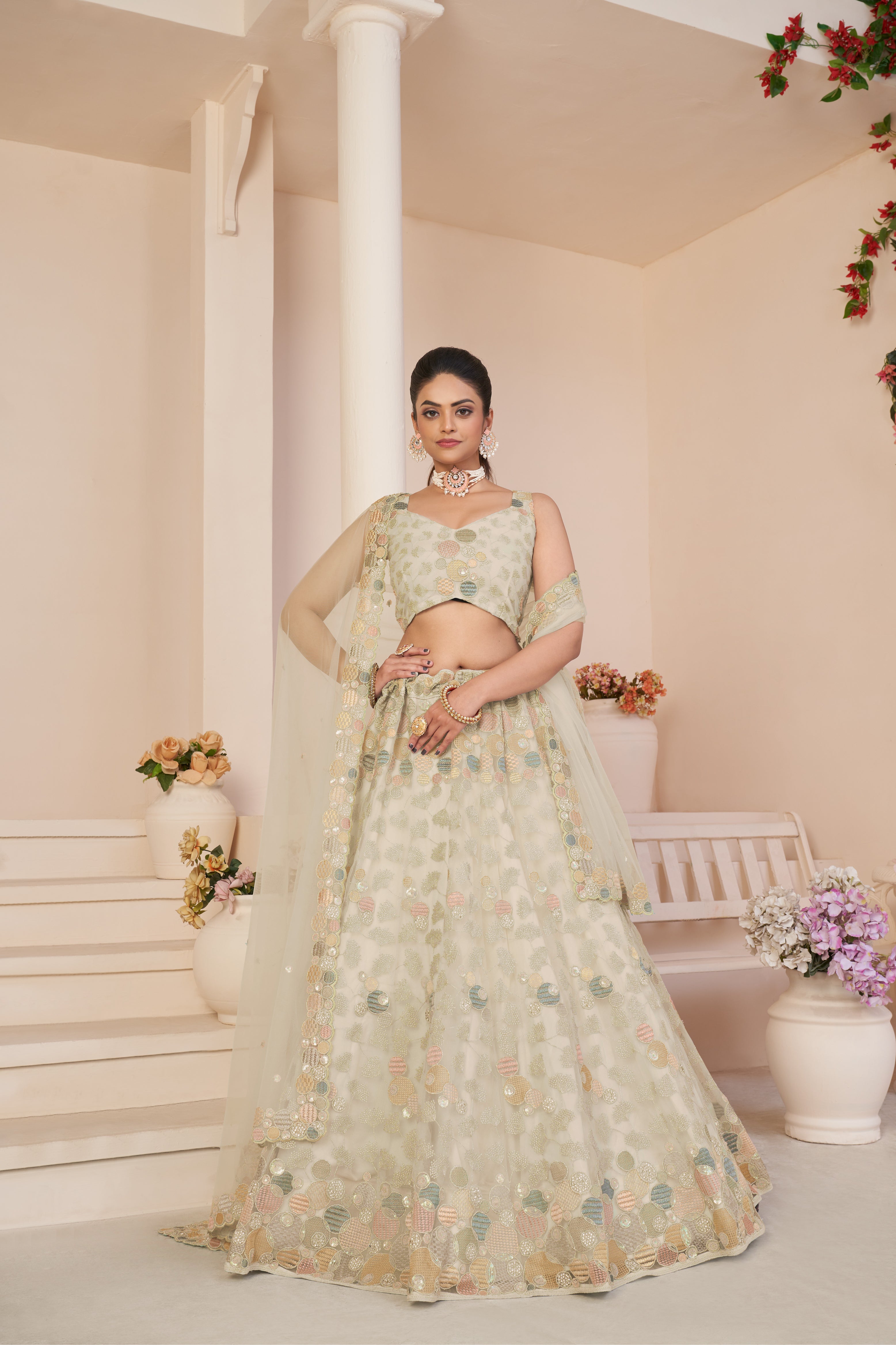 Women Ivory Orgenza Silk Intricate Paisley Motifs Traditional  Embroidered  Wedding Lehenga.