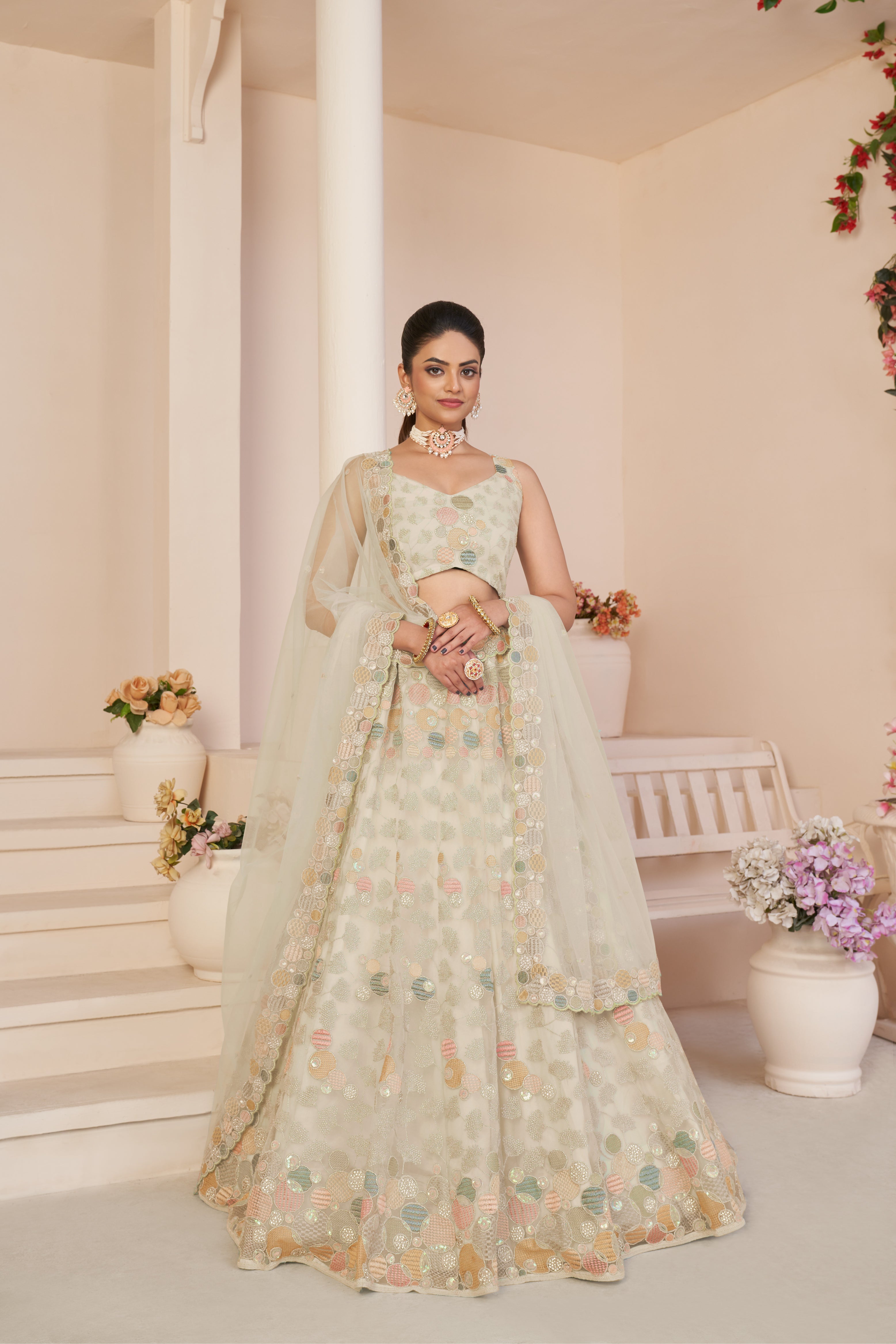 Women Ivory Orgenza Silk Intricate Paisley Motifs Traditional  Embroidered  Wedding Lehenga.