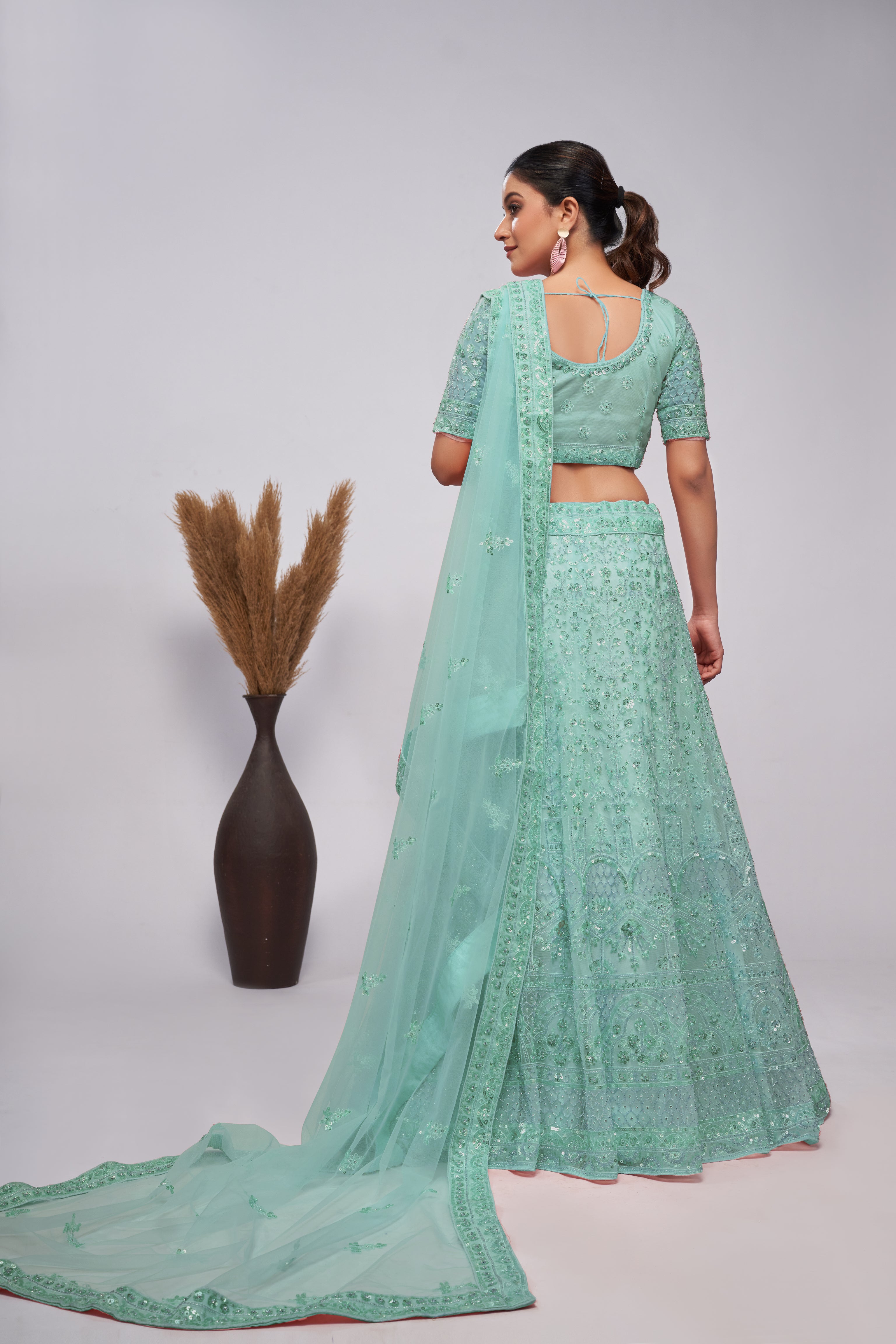 Women Sky Blue Sequins Androned With Pearl And Sequins Intricate Embellishments For Beautiful Bride