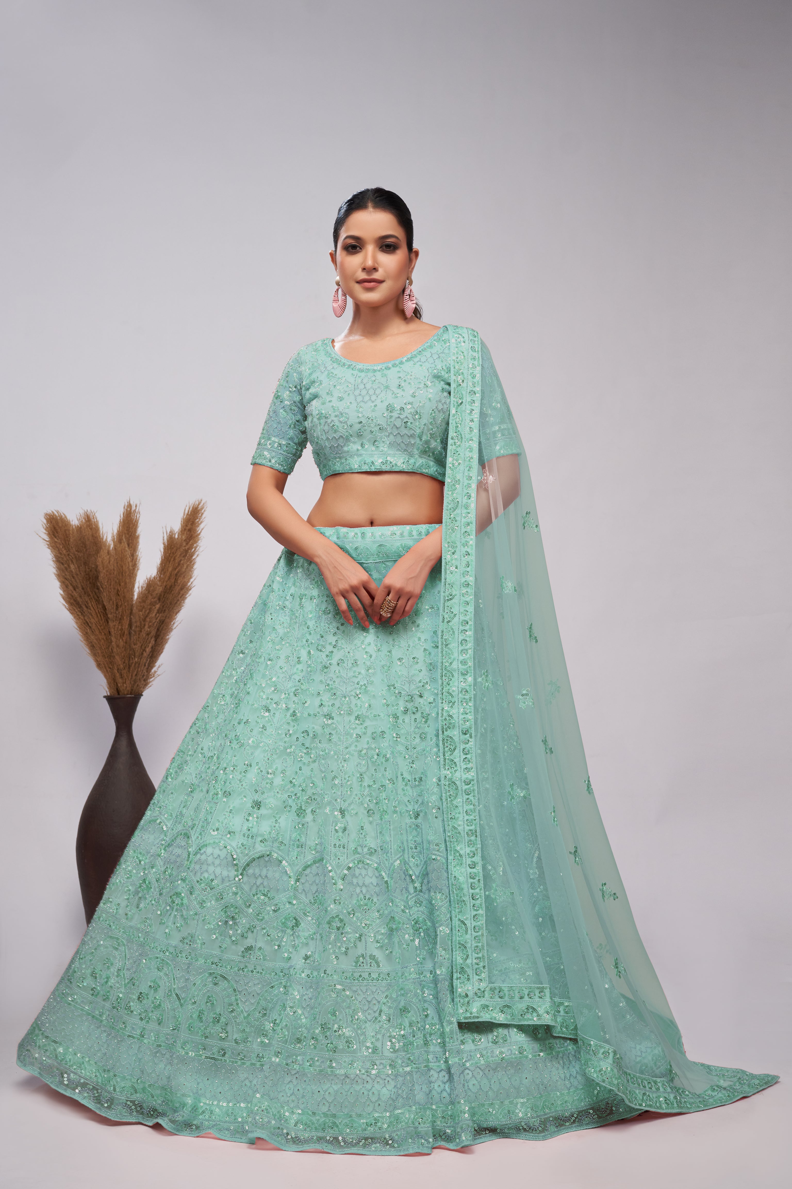 Women Sky Blue Sequins Androned With Pearl And Sequins Intricate Embellishments For Beautiful Bride