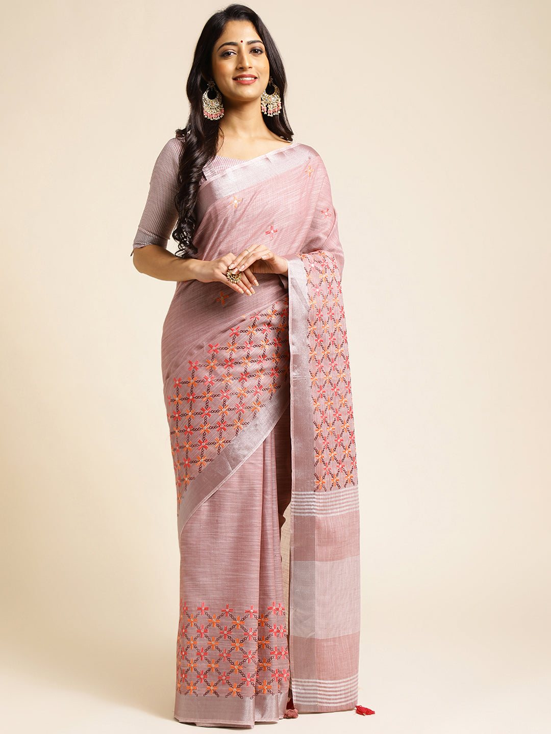 Women Party Wear Embroidery Worked Pure Cotton Linen Silk Saree with Un Stitched Blouse