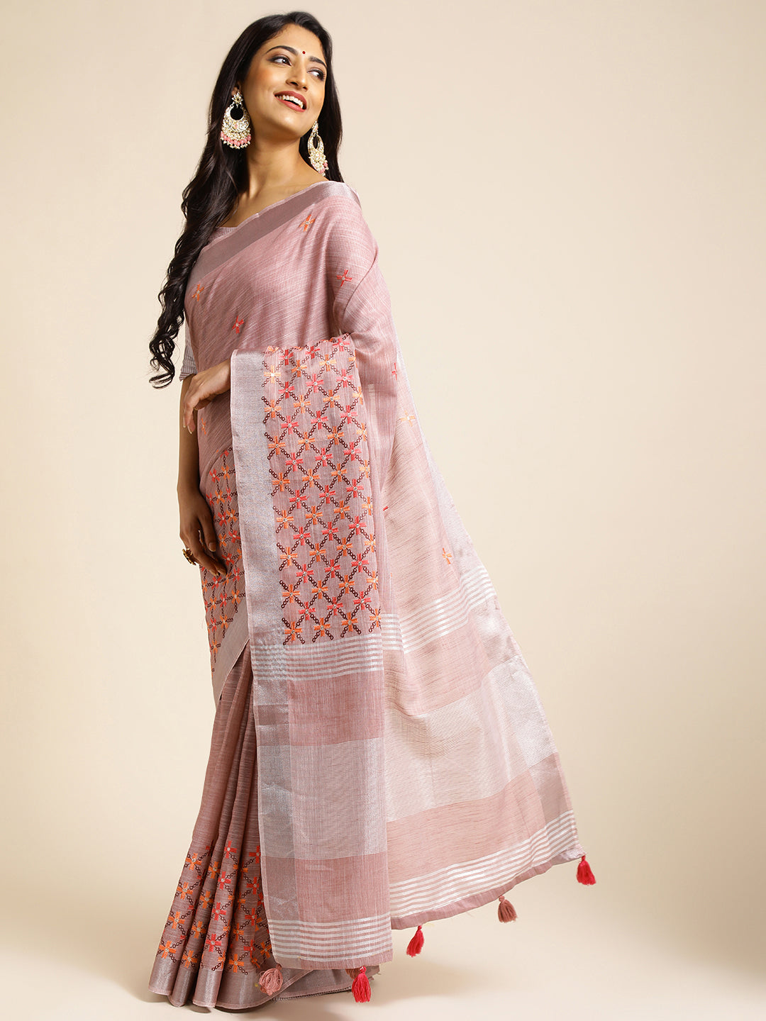 Women Party Wear Embroidery Worked Pure Cotton Linen Silk Saree with Un Stitched Blouse