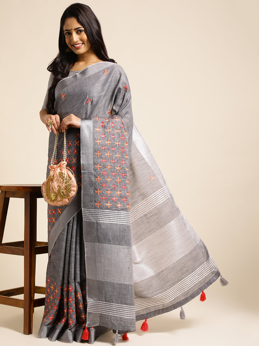 Women Party Wear Embroidery Worked Pure Cotton Linen Silk Saree with Un Stitched Blouse