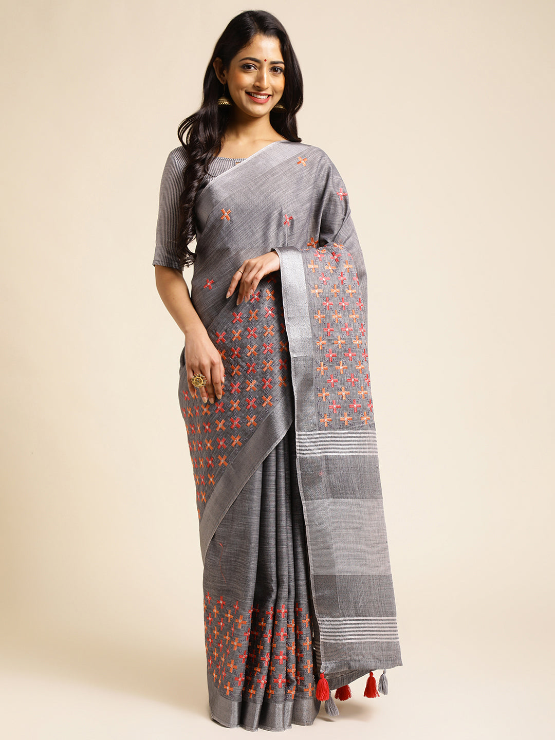 Women Party Wear Embroidery Worked Pure Cotton Linen Silk Saree with Un Stitched Blouse