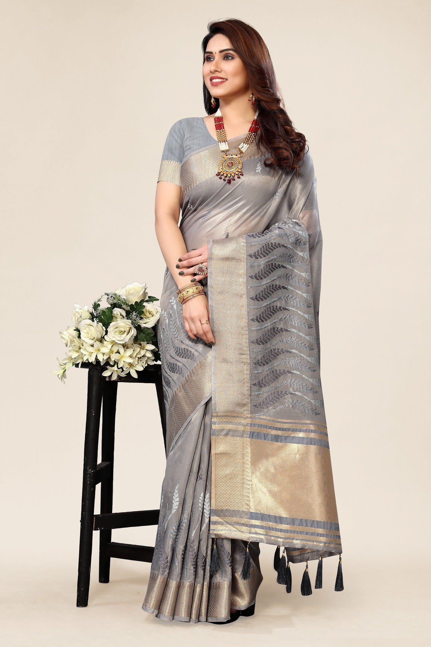 Women Party Wear Embroidery Worked Cotton Silk Saree with Un Stitched Blouse