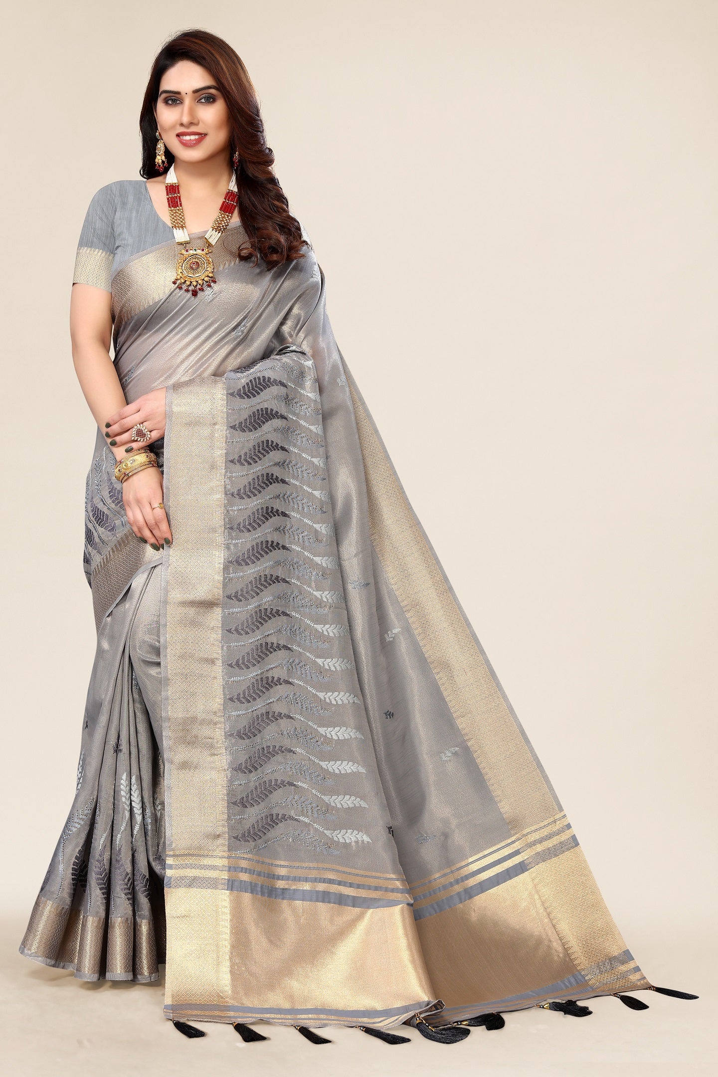 Women Party Wear Embroidery Worked Cotton Silk Saree with Un Stitched Blouse