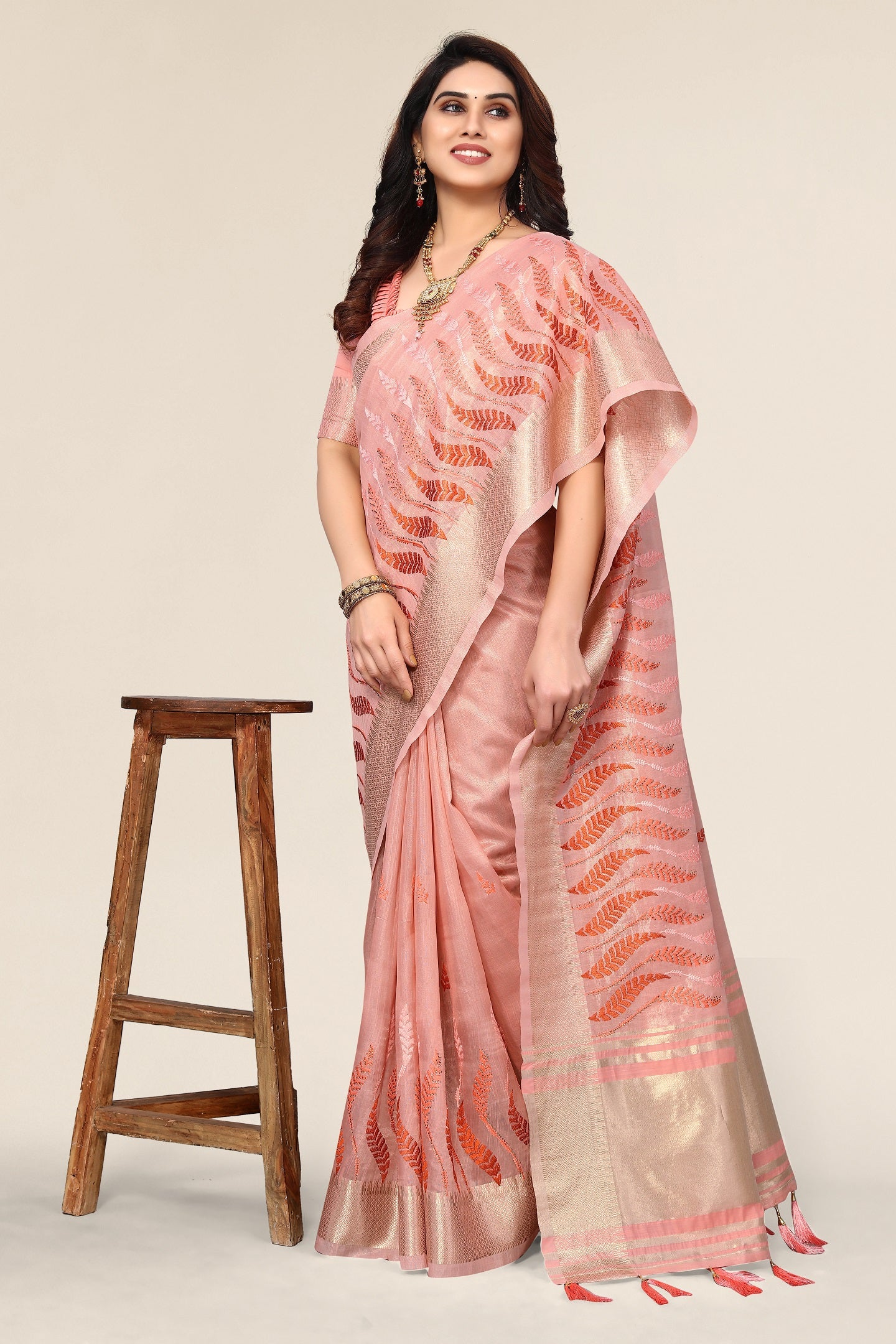 Women Party Wear Embroidery Worked Cotton Silk Saree with Un Stitched Blouse