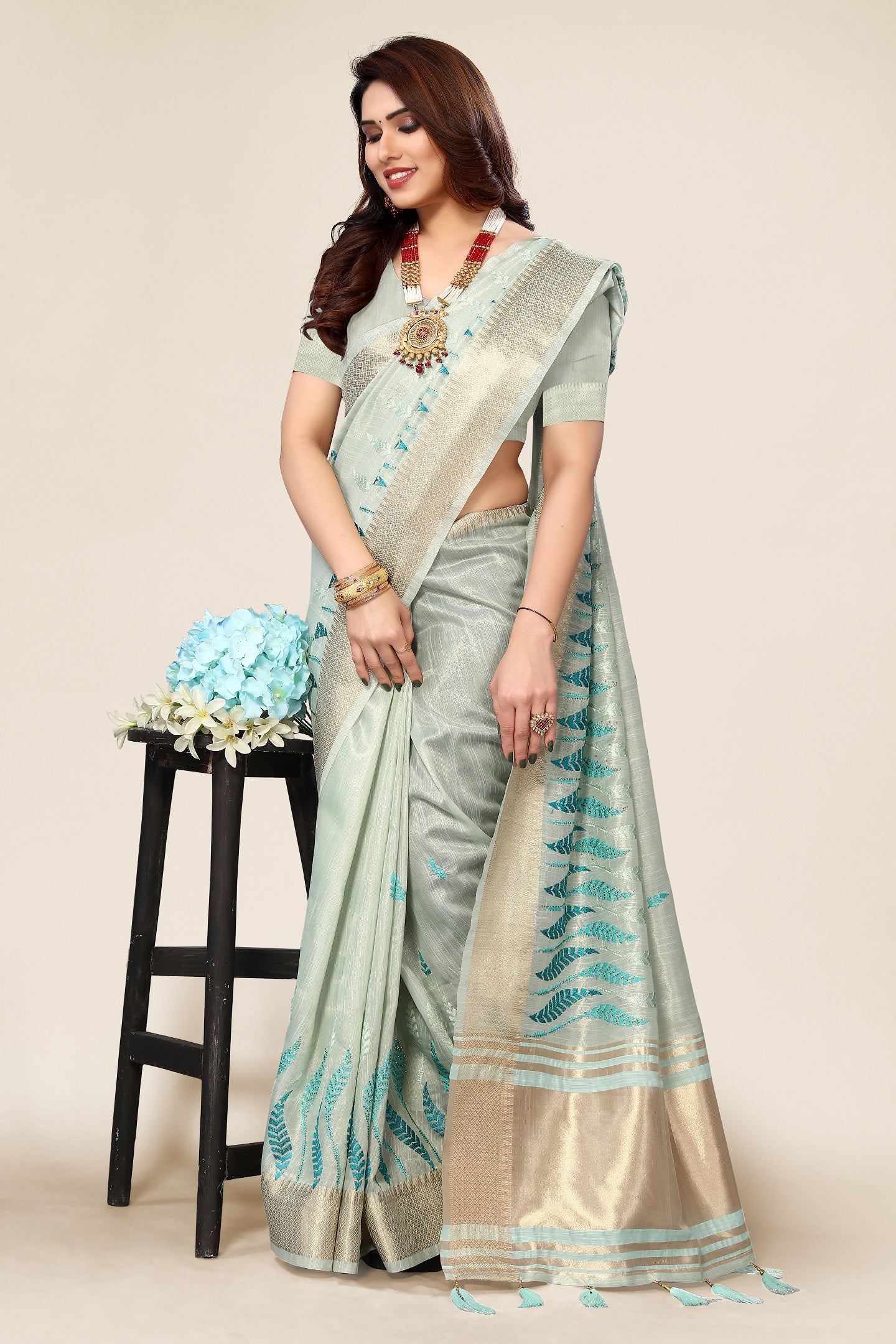 Women Party Wear Embroidery Worked Cotton Silk Saree with Un Stitched Blouse