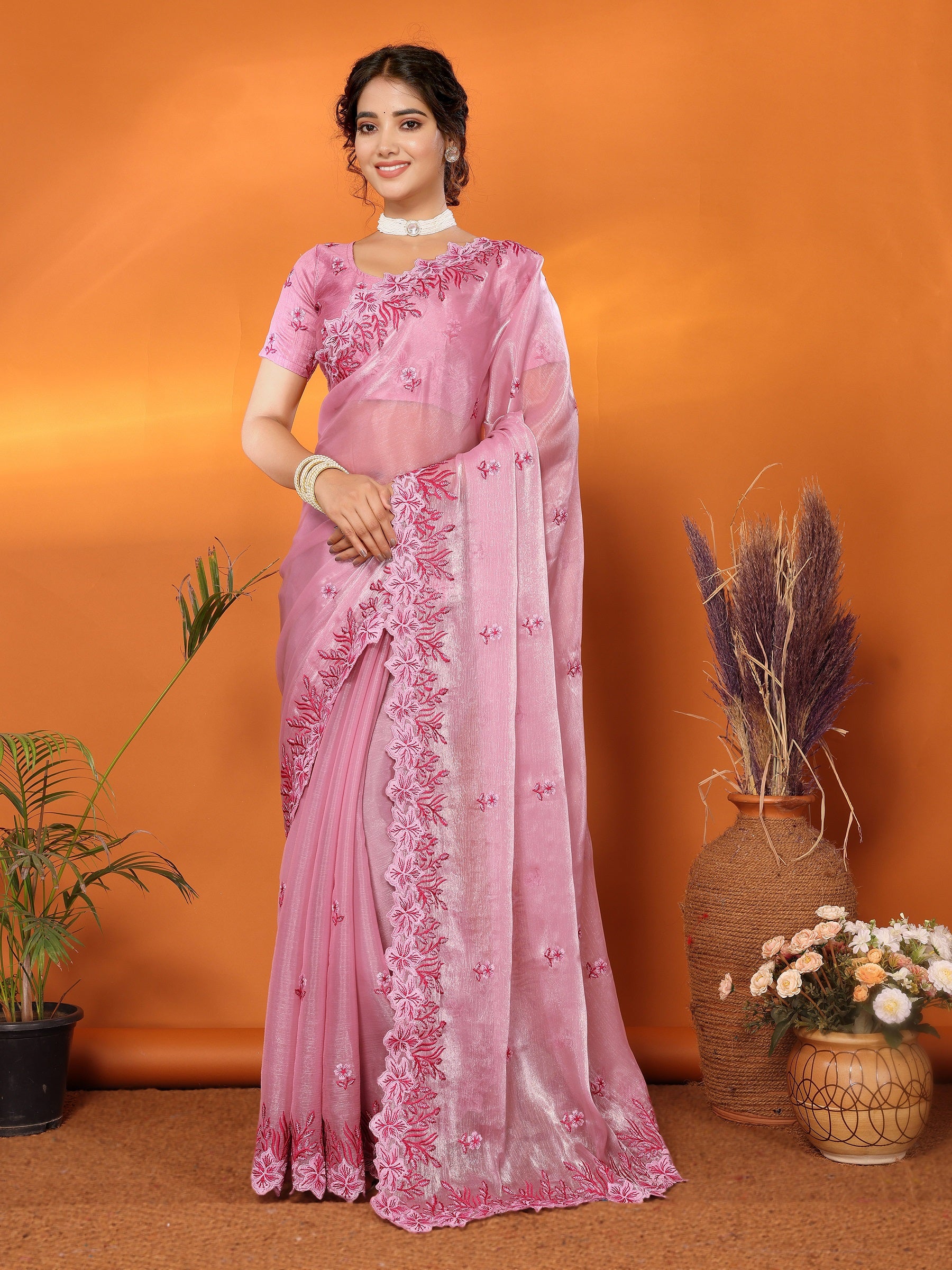 Women Party Wear Embroidery Worked Organza Blend Silk Saree with Un Stitched Blouse