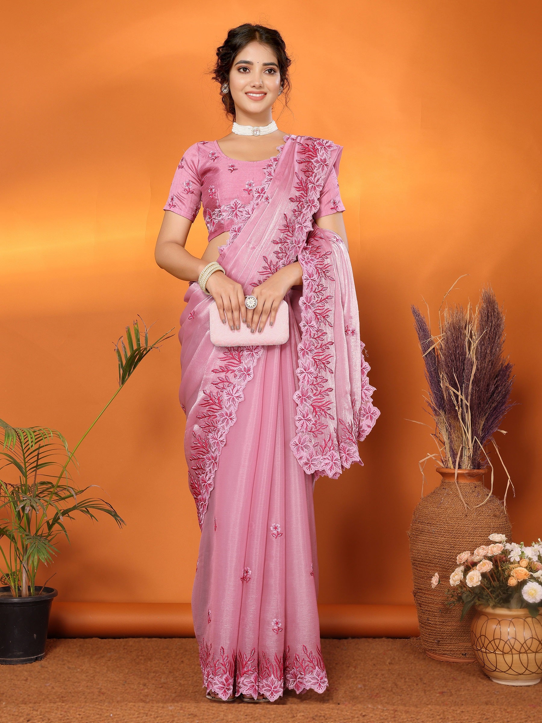 Women Party Wear Embroidery Worked Organza Blend Silk Saree with Un Stitched Blouse