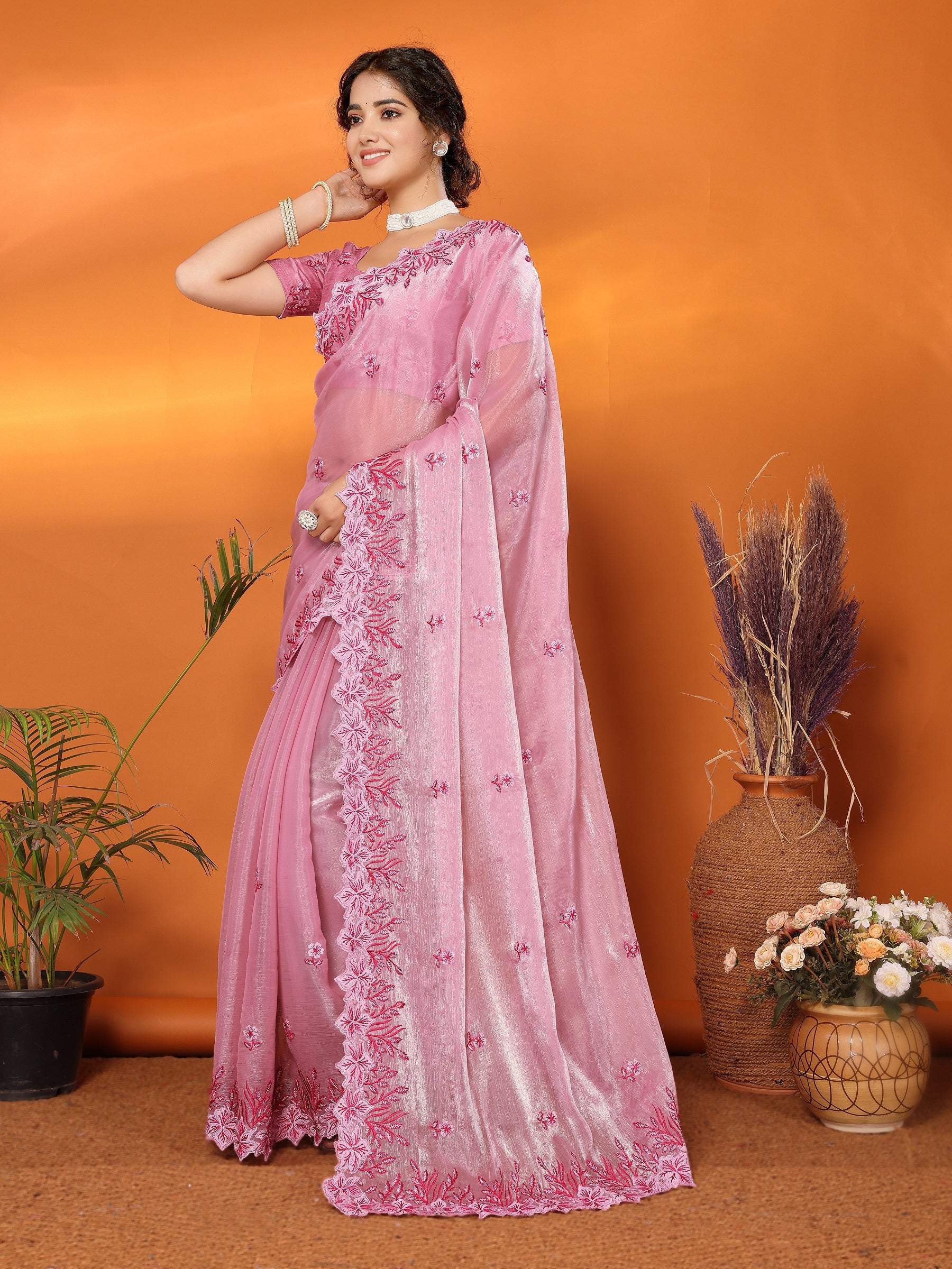 Women Party Wear Embroidery Worked Organza Blend Silk Saree with Un Stitched Blouse