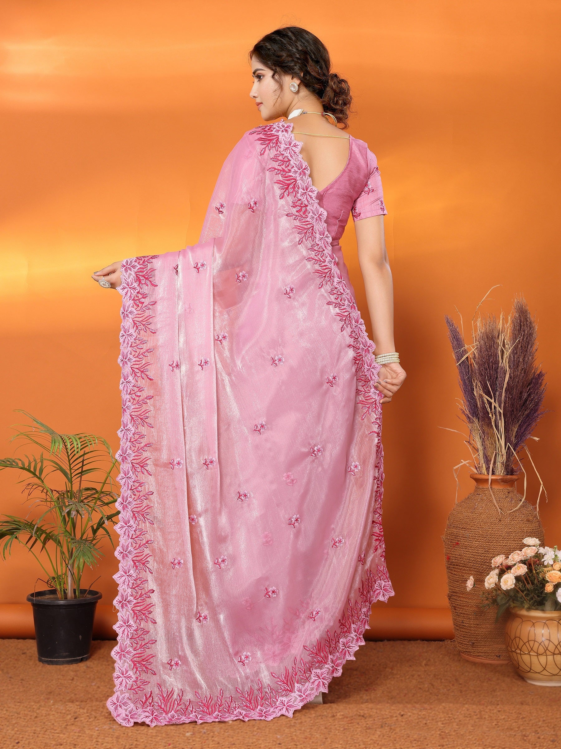 Women Party Wear Embroidery Worked Organza Blend Silk Saree with Un Stitched Blouse