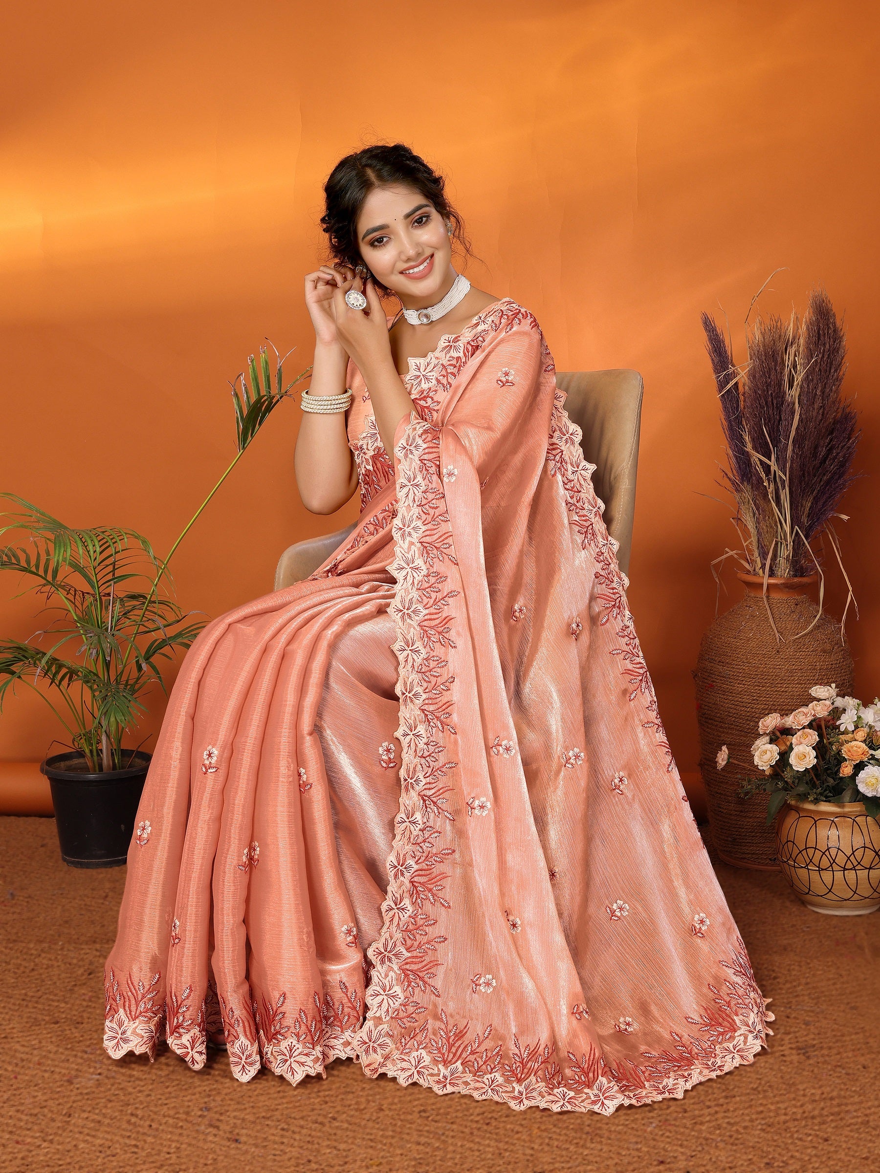 Women Party Wear Embroidery Worked Organza Blend Silk Saree with Un Stitched Blouse