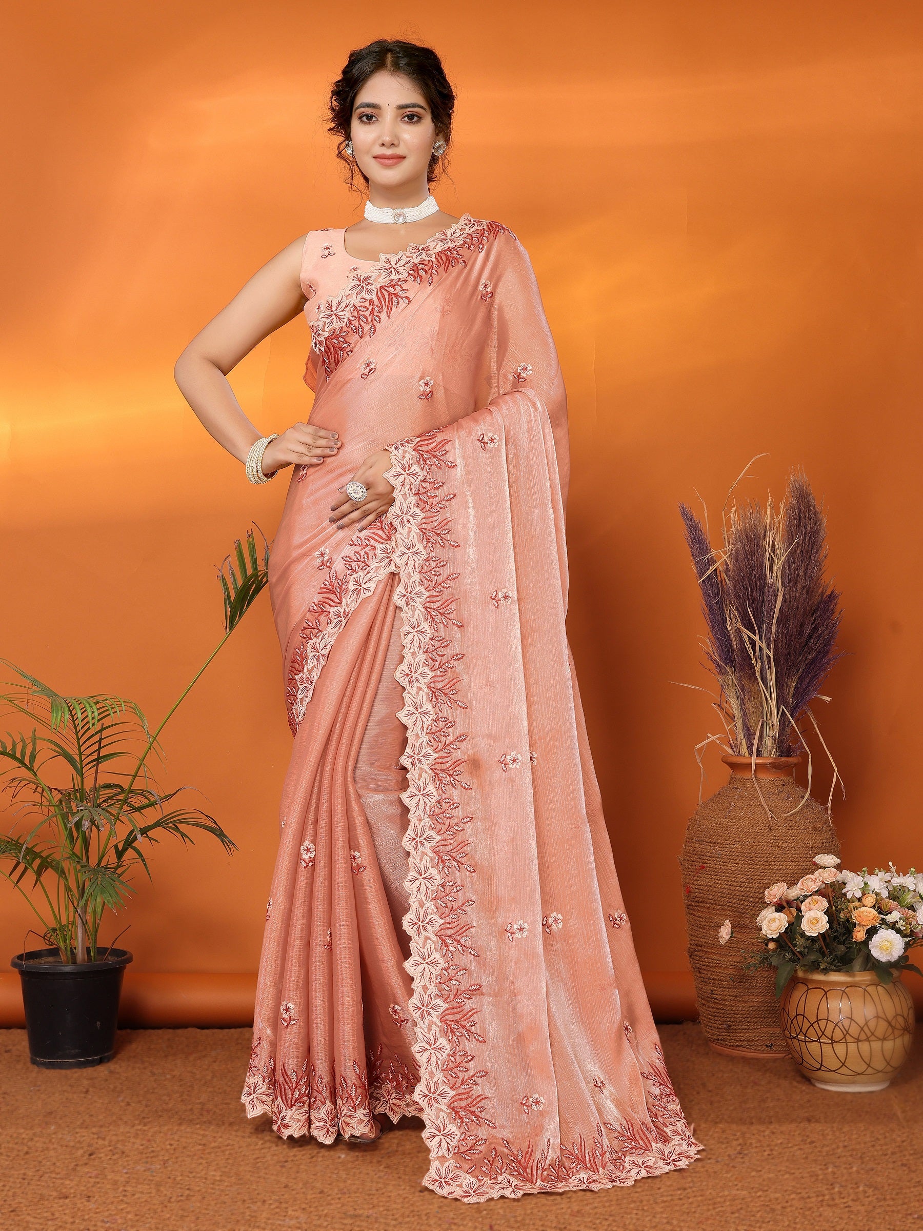 Women Party Wear Embroidery Worked Organza Blend Silk Saree with Un Stitched Blouse