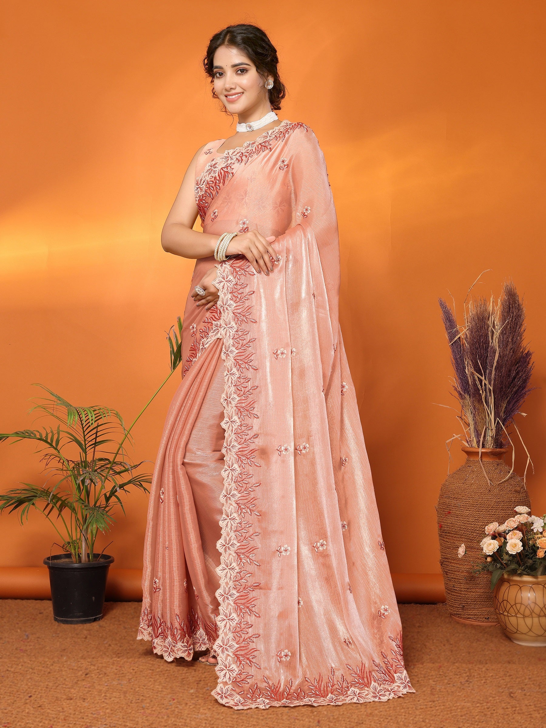 Women Party Wear Embroidery Worked Organza Blend Silk Saree with Un Stitched Blouse