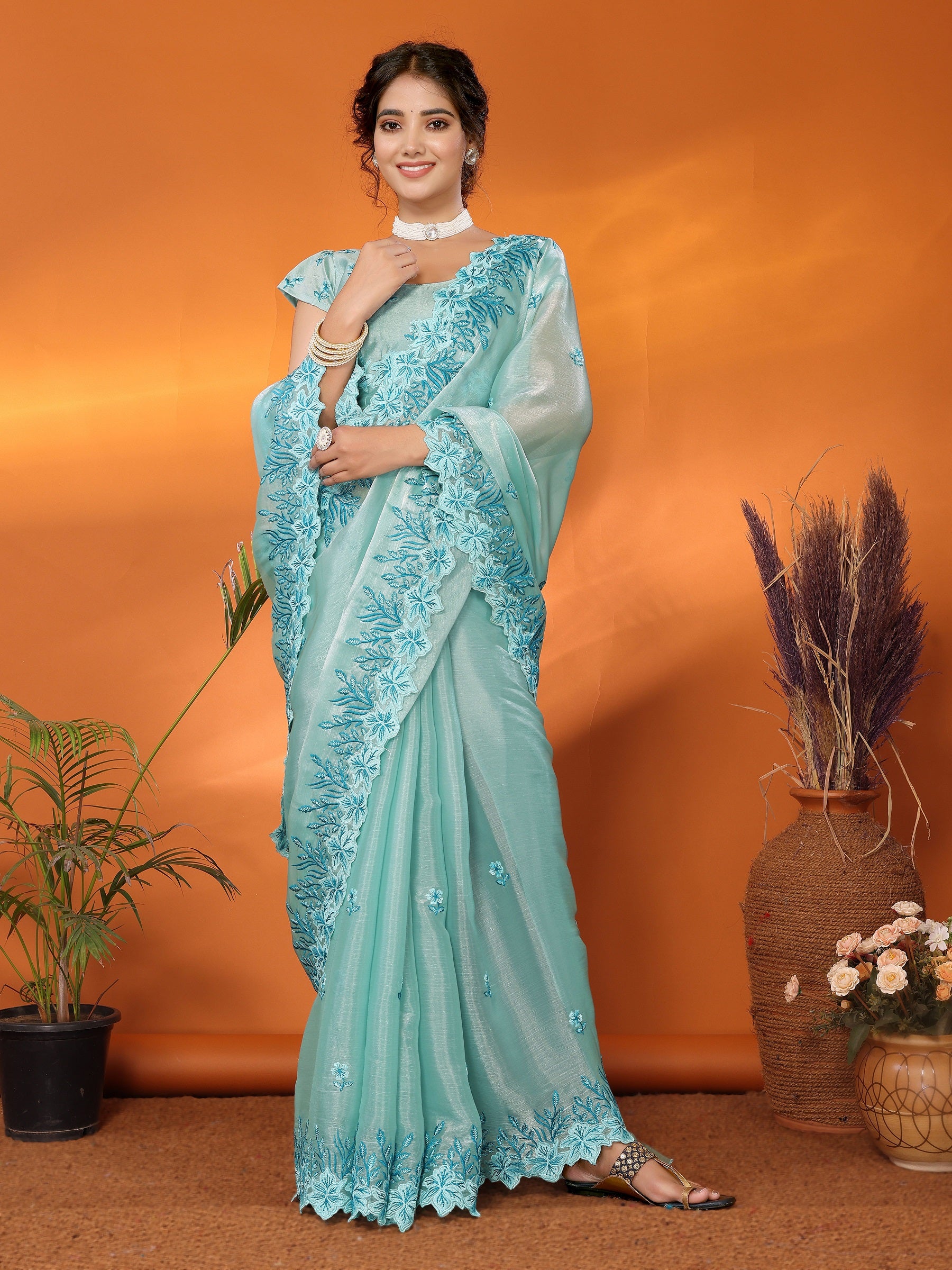 Women Party Wear Embroidery Worked Organza Blend Silk Saree with Un Stitched Blouse