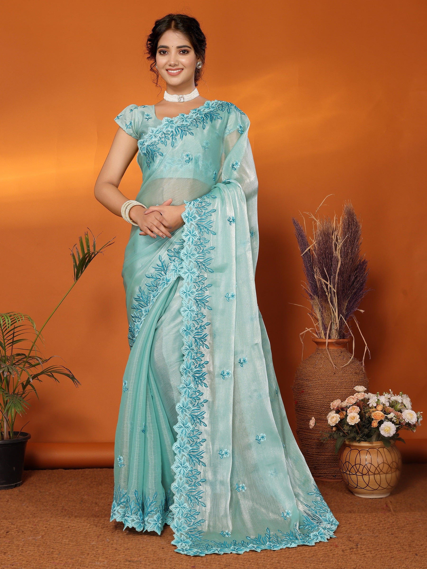 Women Party Wear Embroidery Worked Organza Blend Silk Saree with Un Stitched Blouse