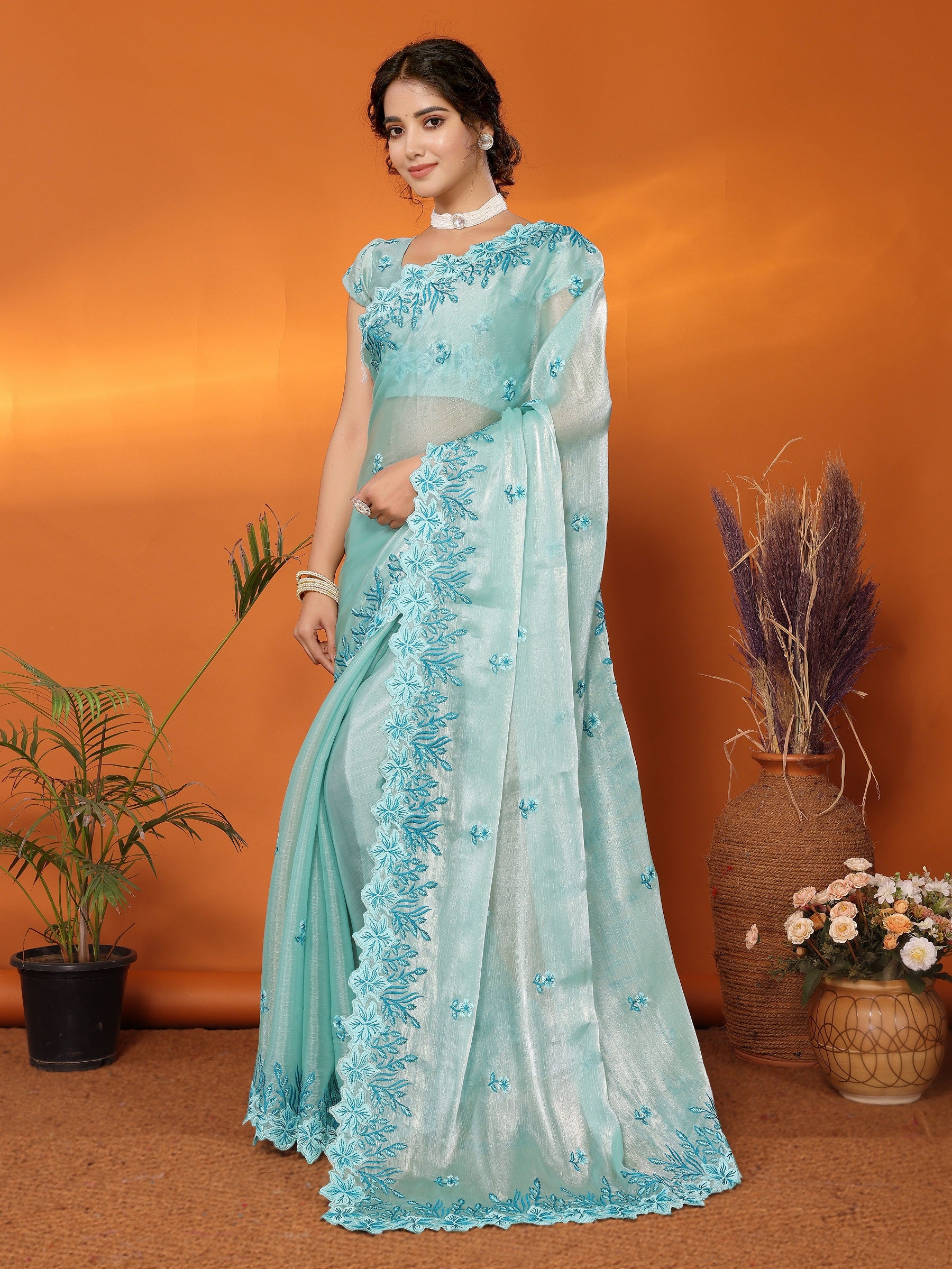 Women Party Wear Embroidery Worked Organza Blend Silk Saree with Un Stitched Blouse