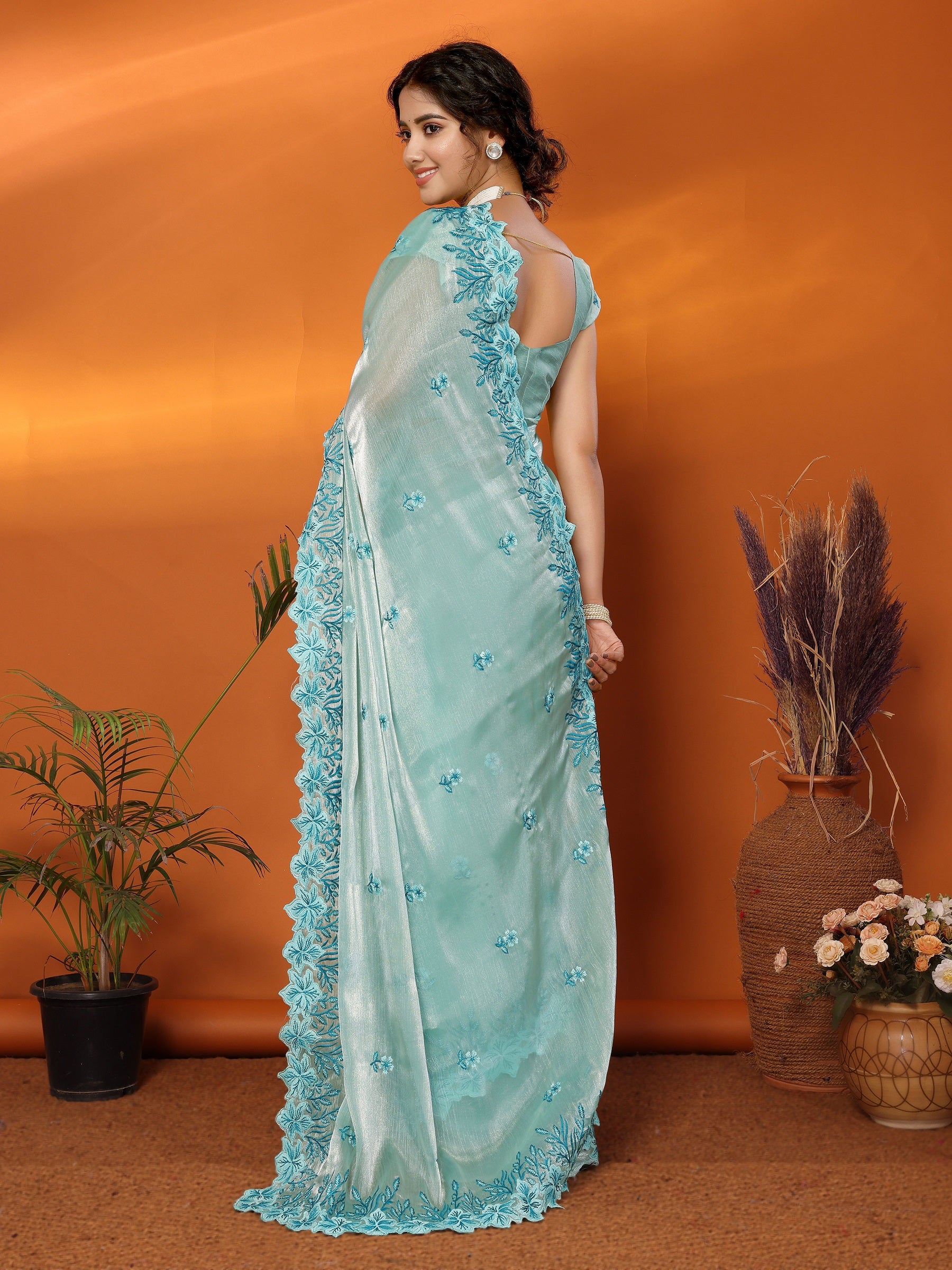 Women Party Wear Embroidery Worked Organza Blend Silk Saree with Un Stitched Blouse