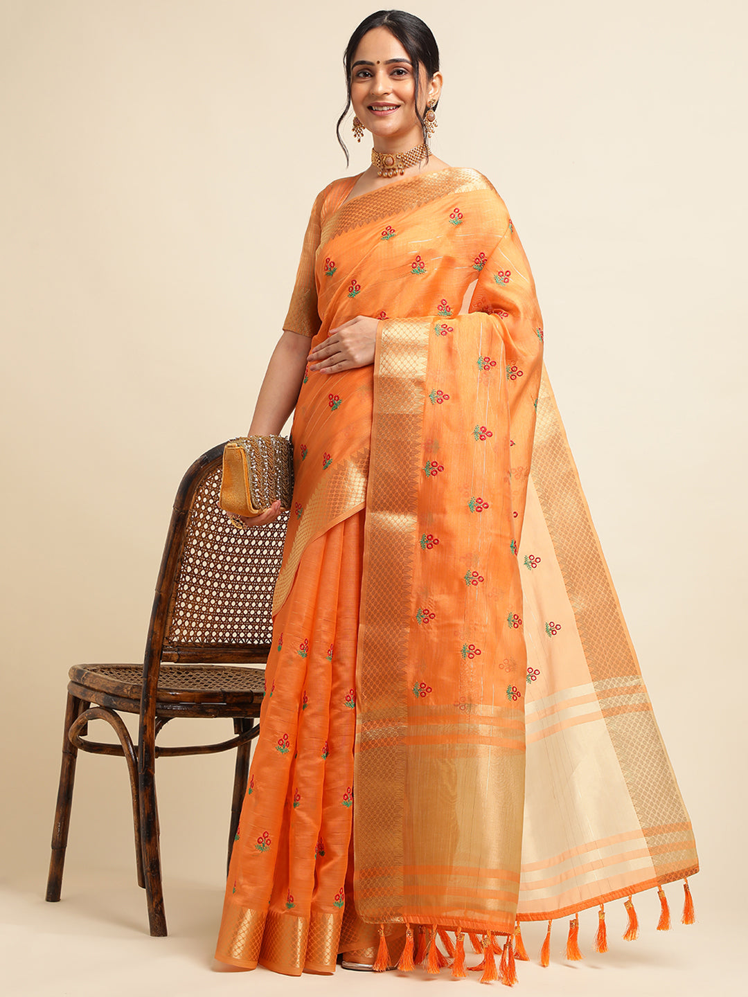 Women Party Wear Embroidery Worked Cotton Silk Saree with Un Stitched Blouse