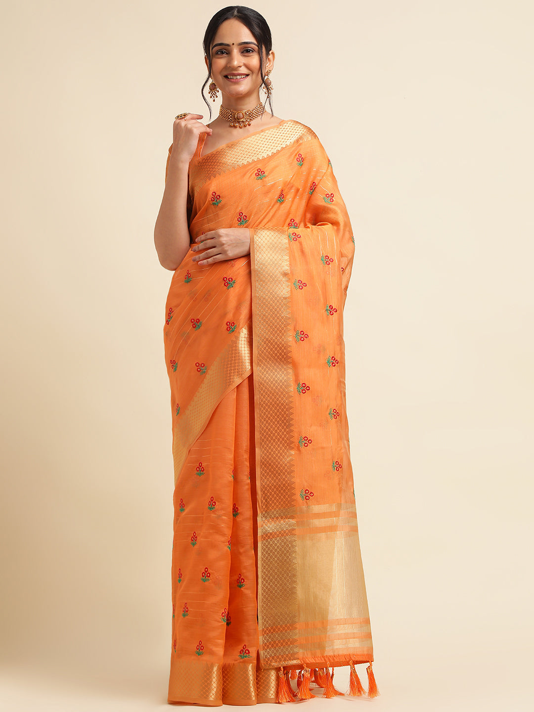 Women Party Wear Embroidery Worked Cotton Silk Saree with Un Stitched Blouse