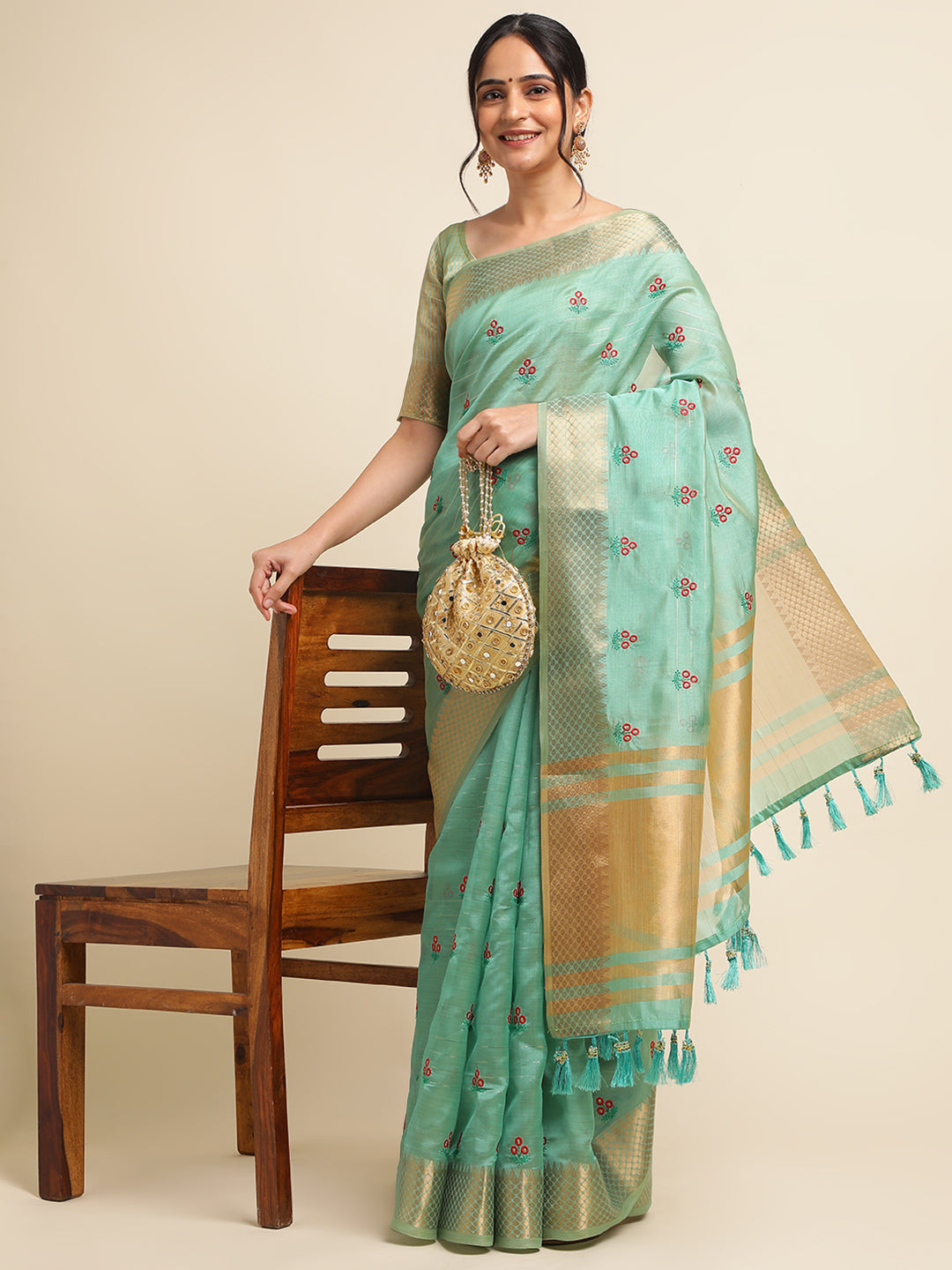 Women Party Wear Embroidery Worked Cotton Silk Saree with Un Stitched Blouse