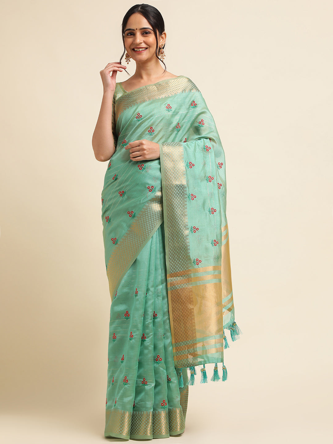 Women Party Wear Embroidery Worked Cotton Silk Saree with Un Stitched Blouse