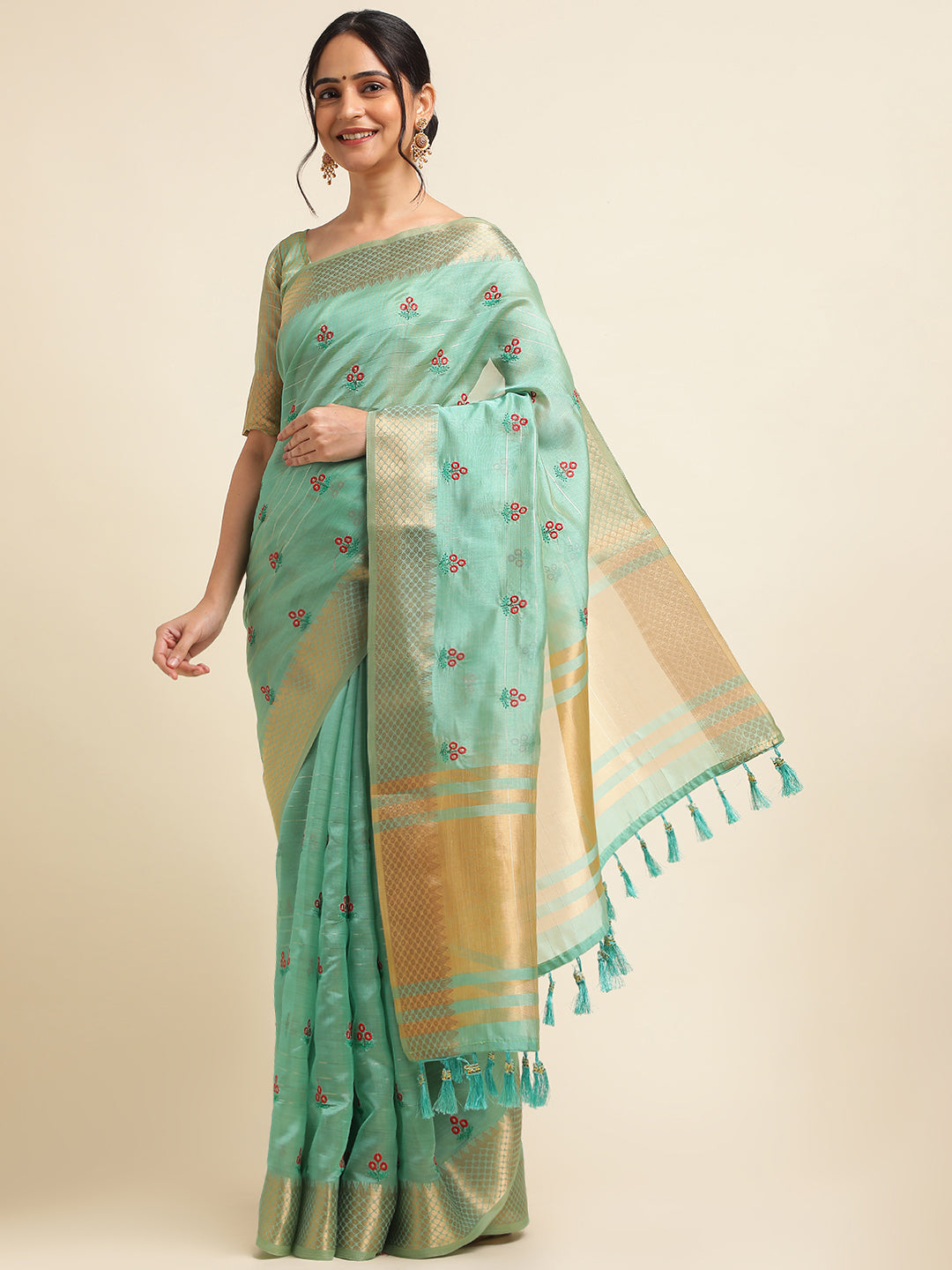 Women Party Wear Embroidery Worked Cotton Silk Saree with Un Stitched Blouse