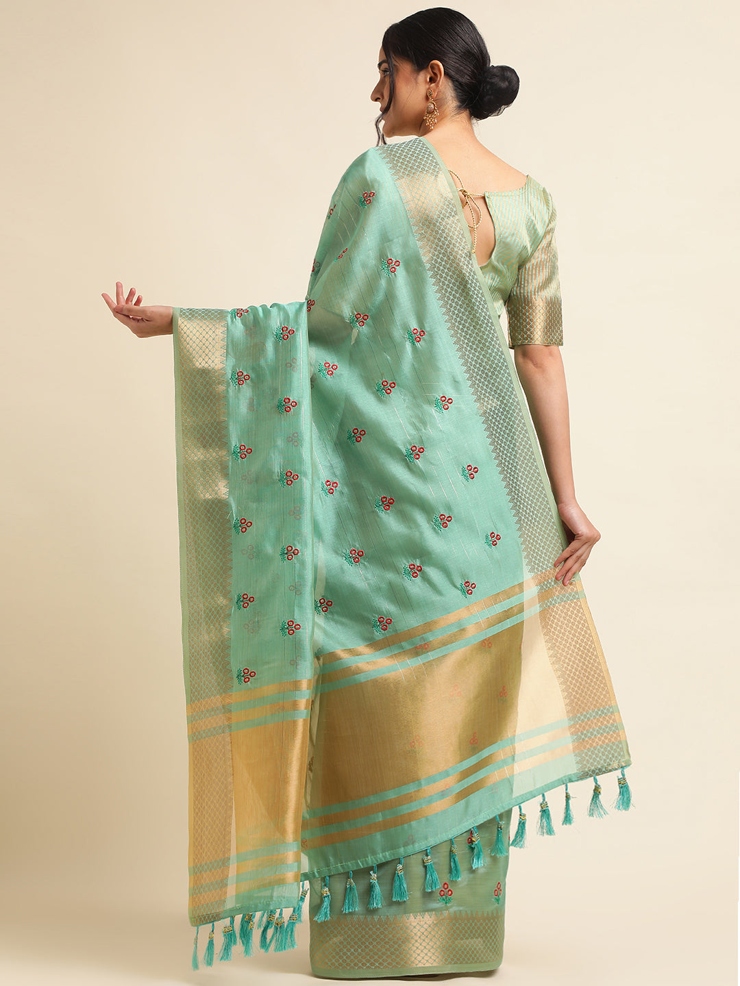 Women Party Wear Embroidery Worked Cotton Silk Saree with Un Stitched Blouse