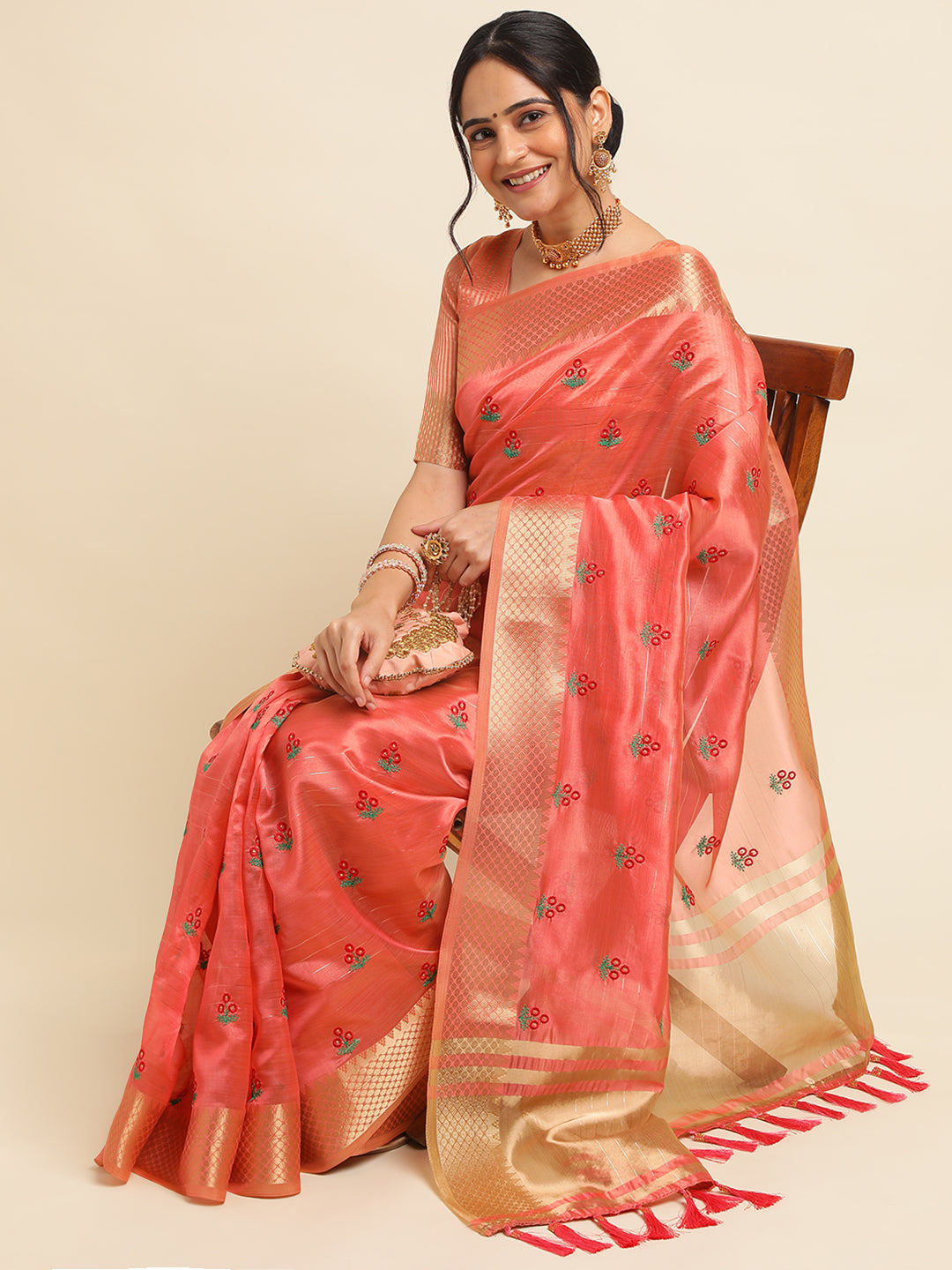 Women Party Wear Embroidery Worked Cotton Silk Saree with Un Stitched Blouse