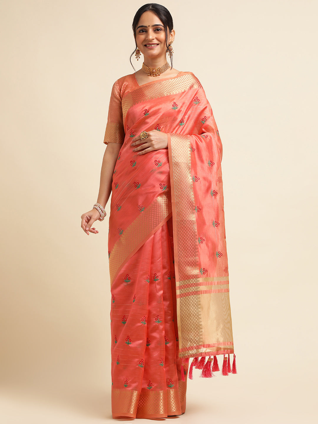 Women Party Wear Embroidery Worked Cotton Silk Saree with Un Stitched Blouse