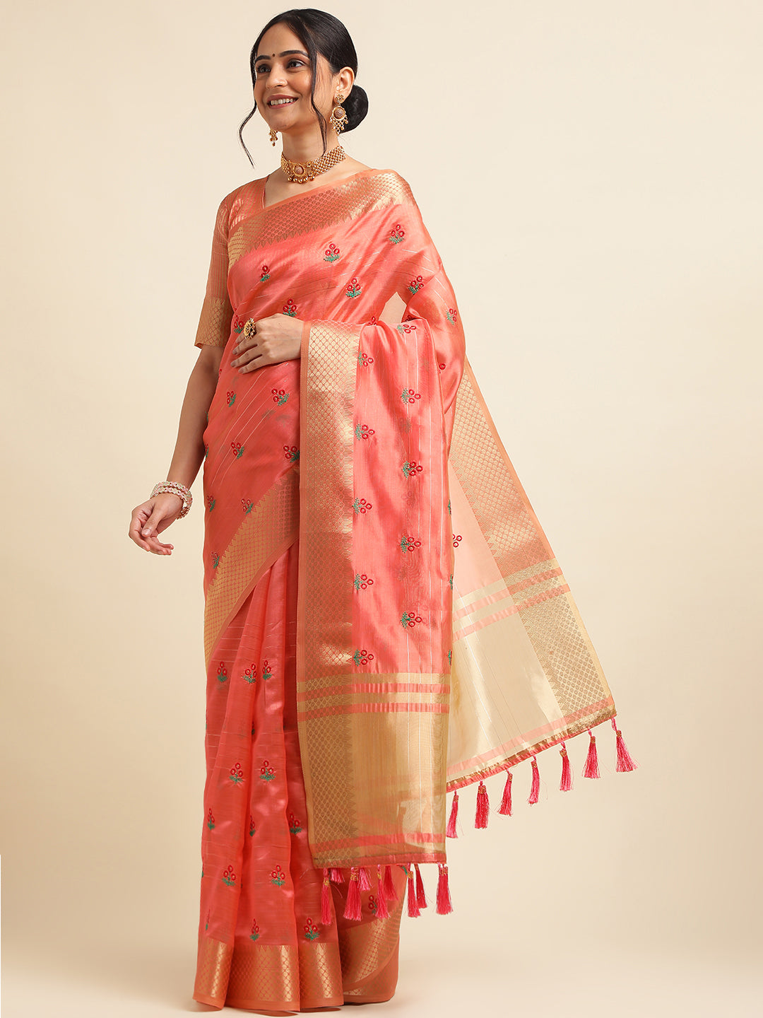 Women Party Wear Embroidery Worked Cotton Silk Saree with Un Stitched Blouse