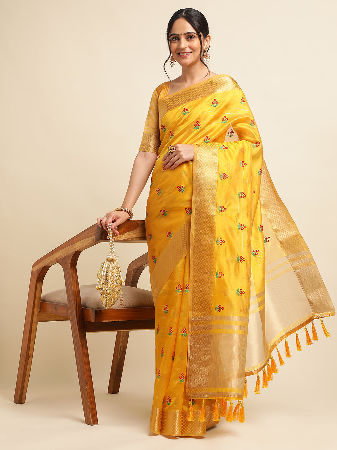 Women Party Wear Embroidery Worked Cotton Silk Saree with Un Stitched Blouse