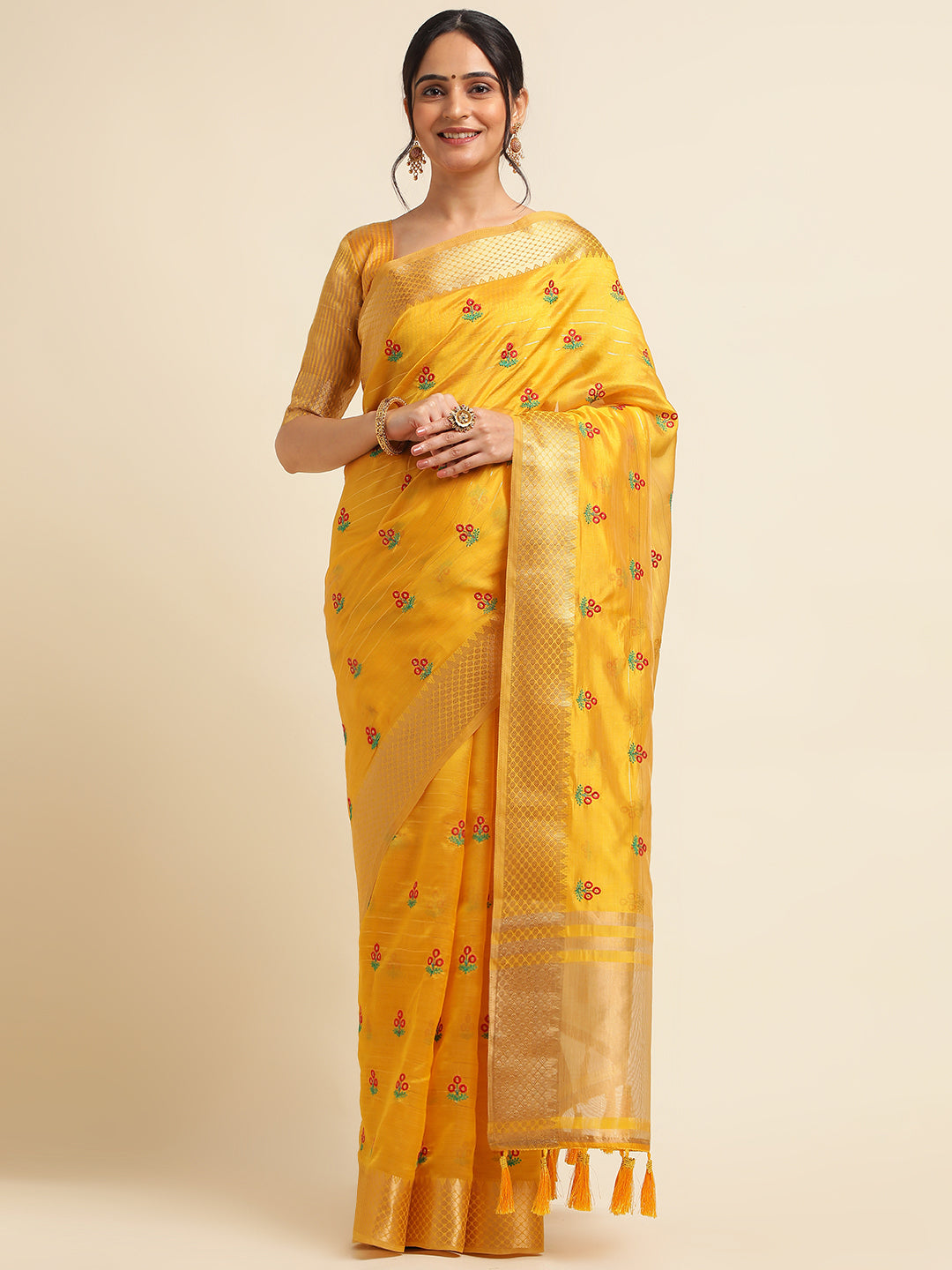 Women Party Wear Embroidery Worked Cotton Silk Saree with Un Stitched Blouse