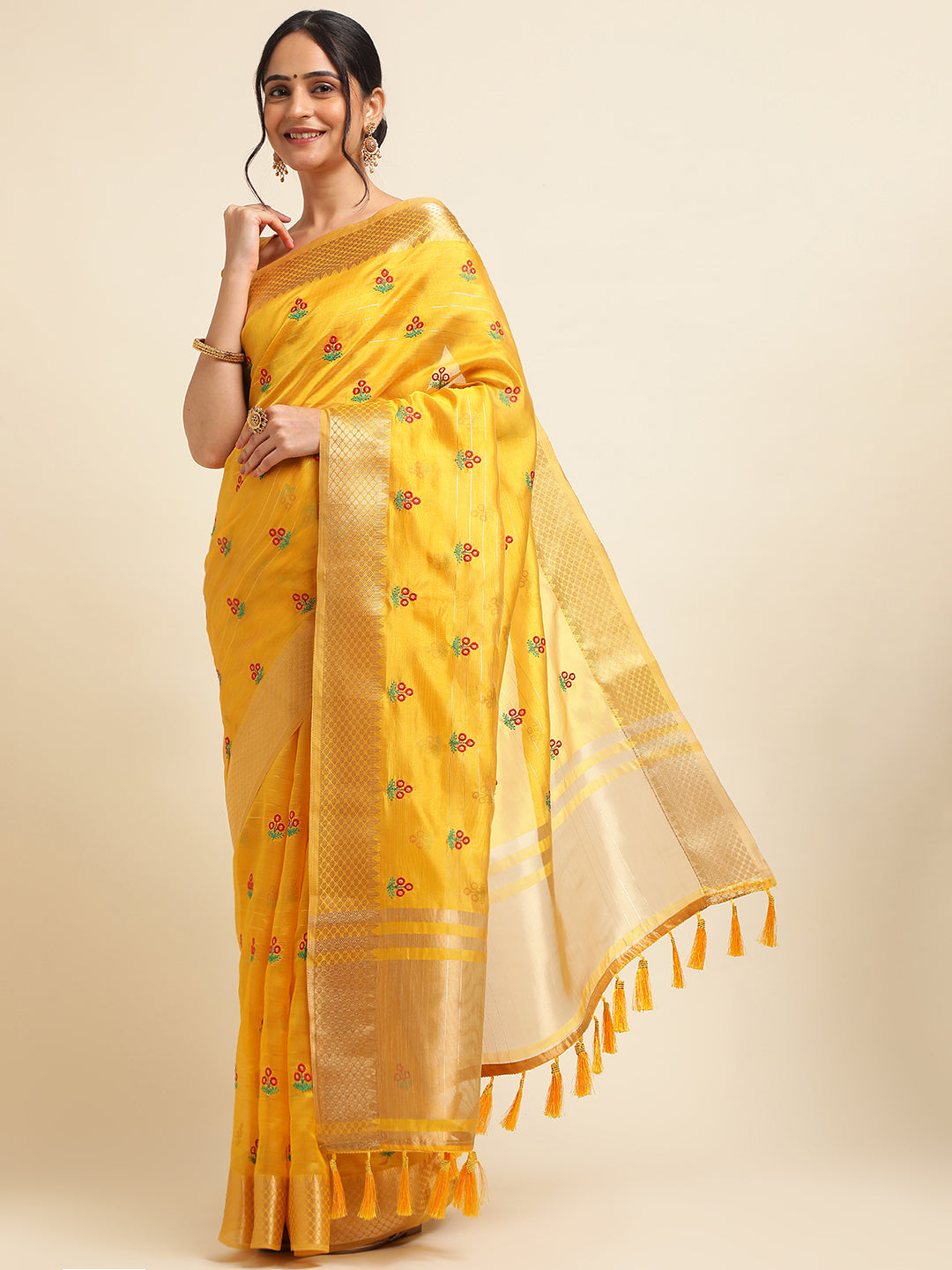 Women Party Wear Embroidery Worked Cotton Silk Saree with Un Stitched Blouse