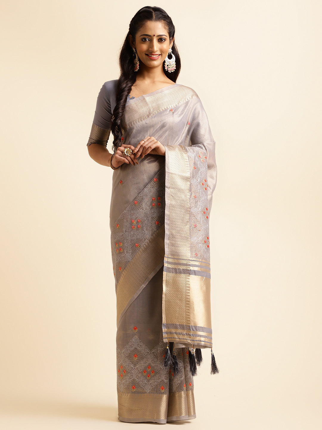 Women Party Wear Embroidery Worked Cotton Khadi Silk Saree with Un Stitched Blouse