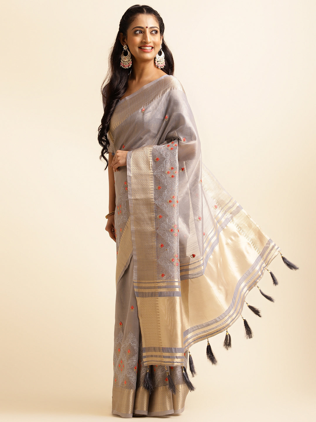 Women Party Wear Embroidery Worked Cotton Khadi Silk Saree with Un Stitched Blouse