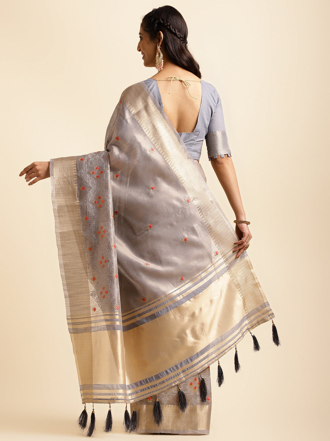 Women Party Wear Embroidery Worked Cotton Khadi Silk Saree with Un Stitched Blouse