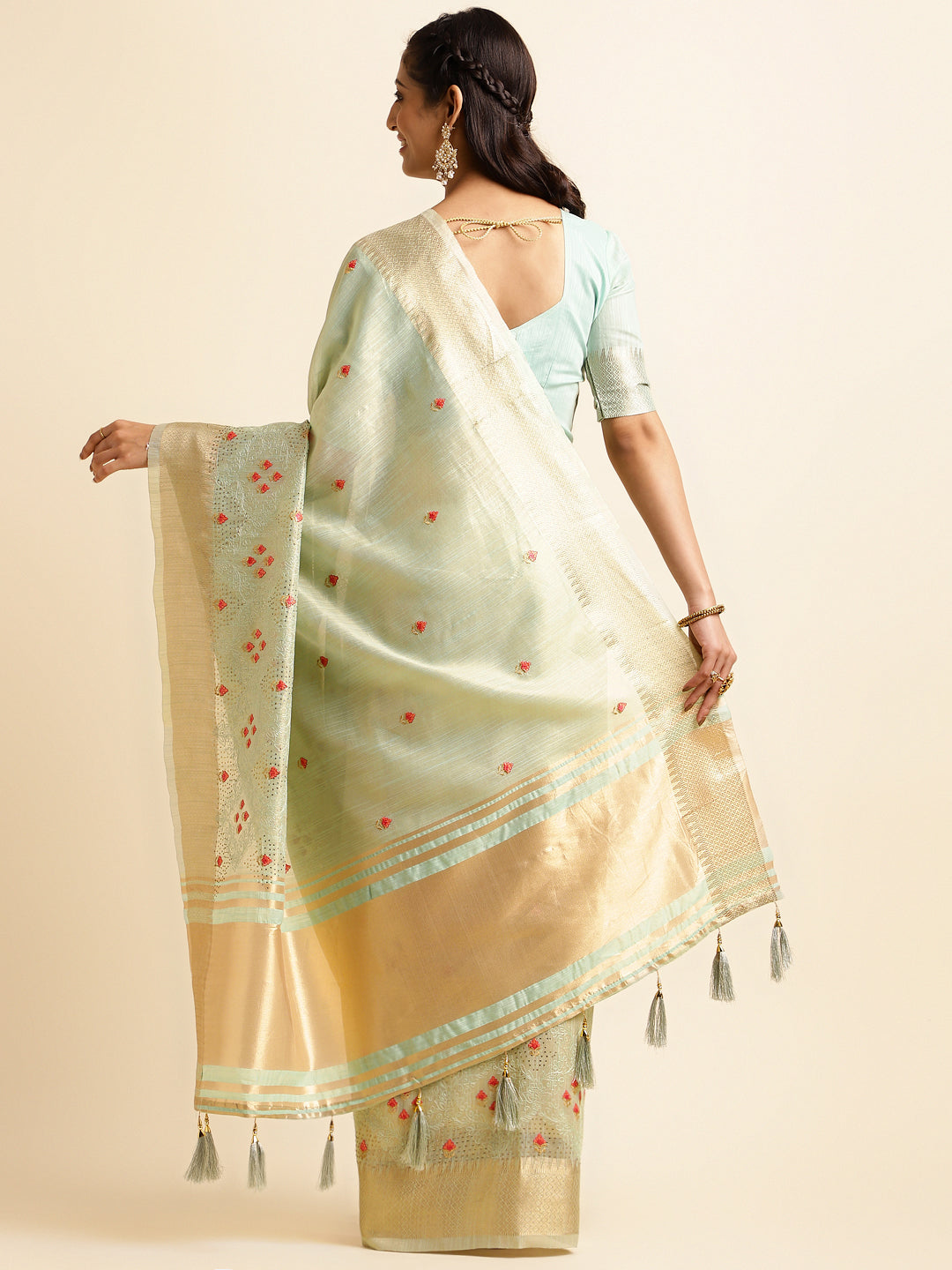 Women Party Wear Embroidery Worked Cotton Khadi Silk Saree with Un Stitched Blouse