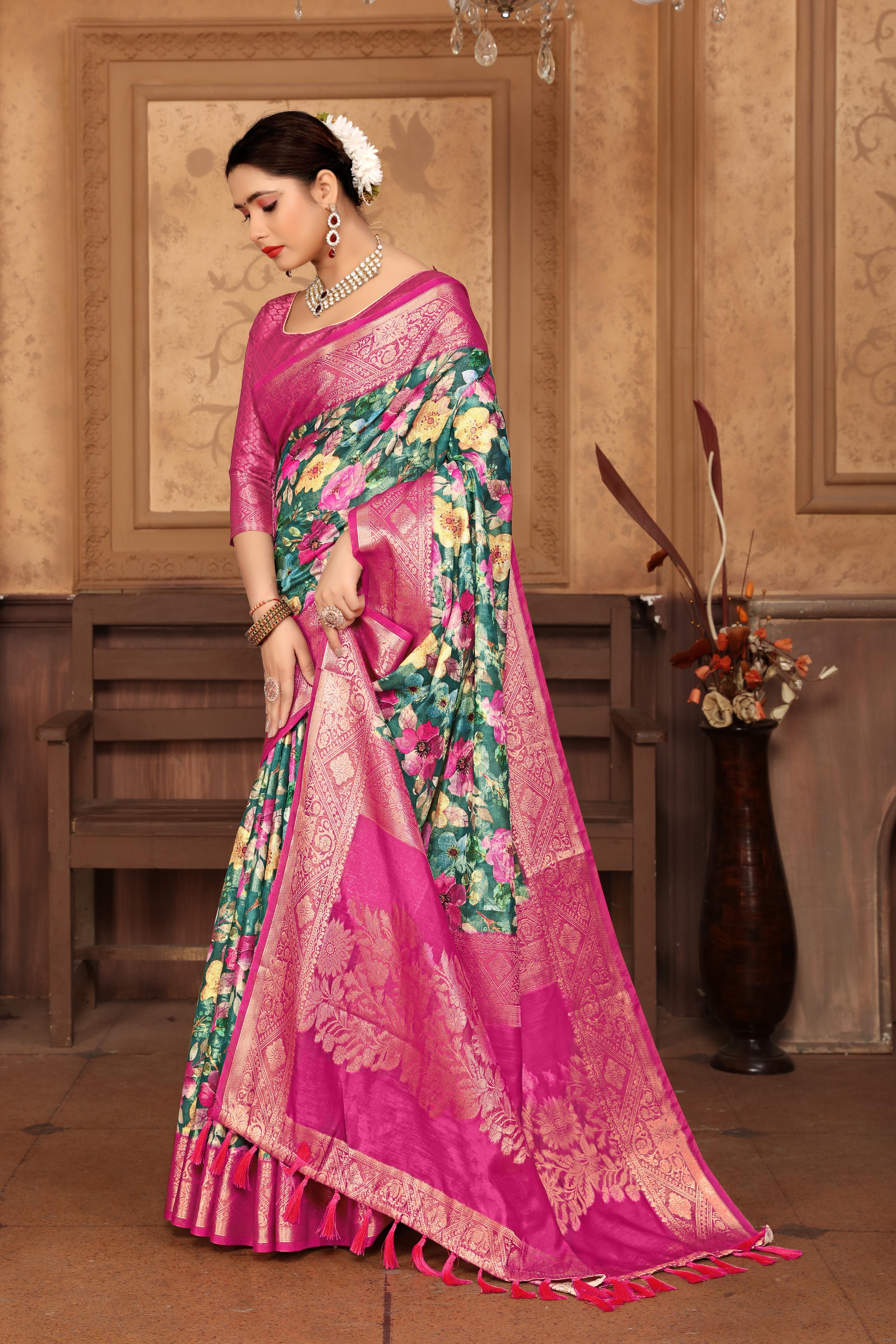 Women Party Wear Printed and Jari Weaving Jeaquard Silk Saree with Un Stitched Blouse