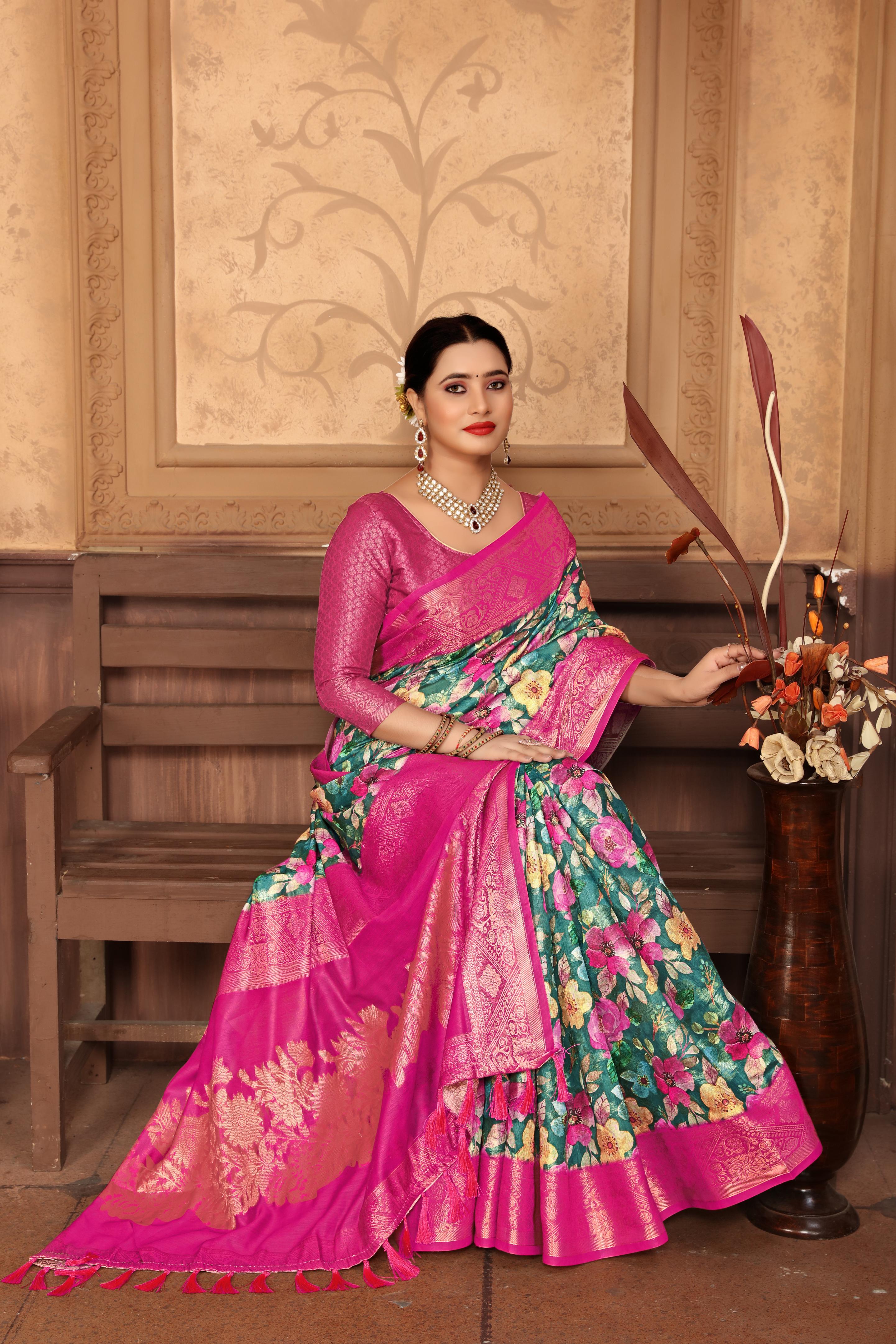 Women Party Wear Printed and Jari Weaving Jeaquard Silk Saree with Un Stitched Blouse